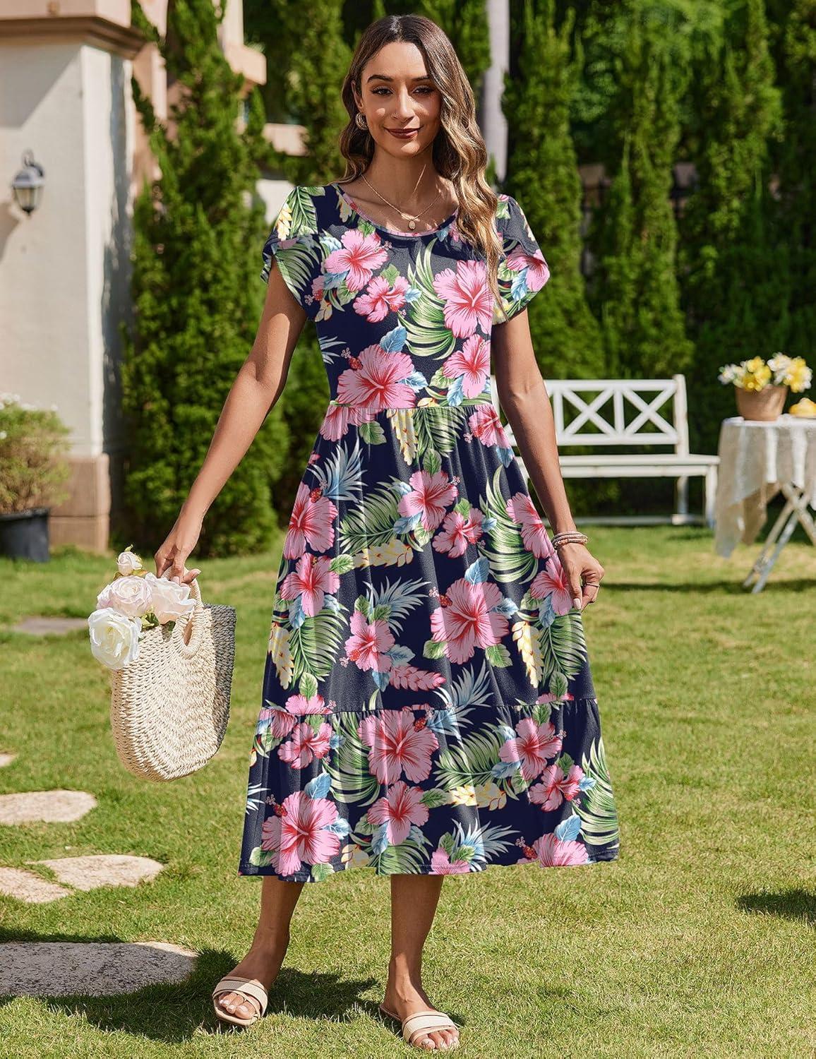 imageZeagoo Women Summer Midi A Line Dress Short Sleeve Casual Flowy Tiered Beach Long Sundress with Pockets 2026 Vacation TravelPink Floral