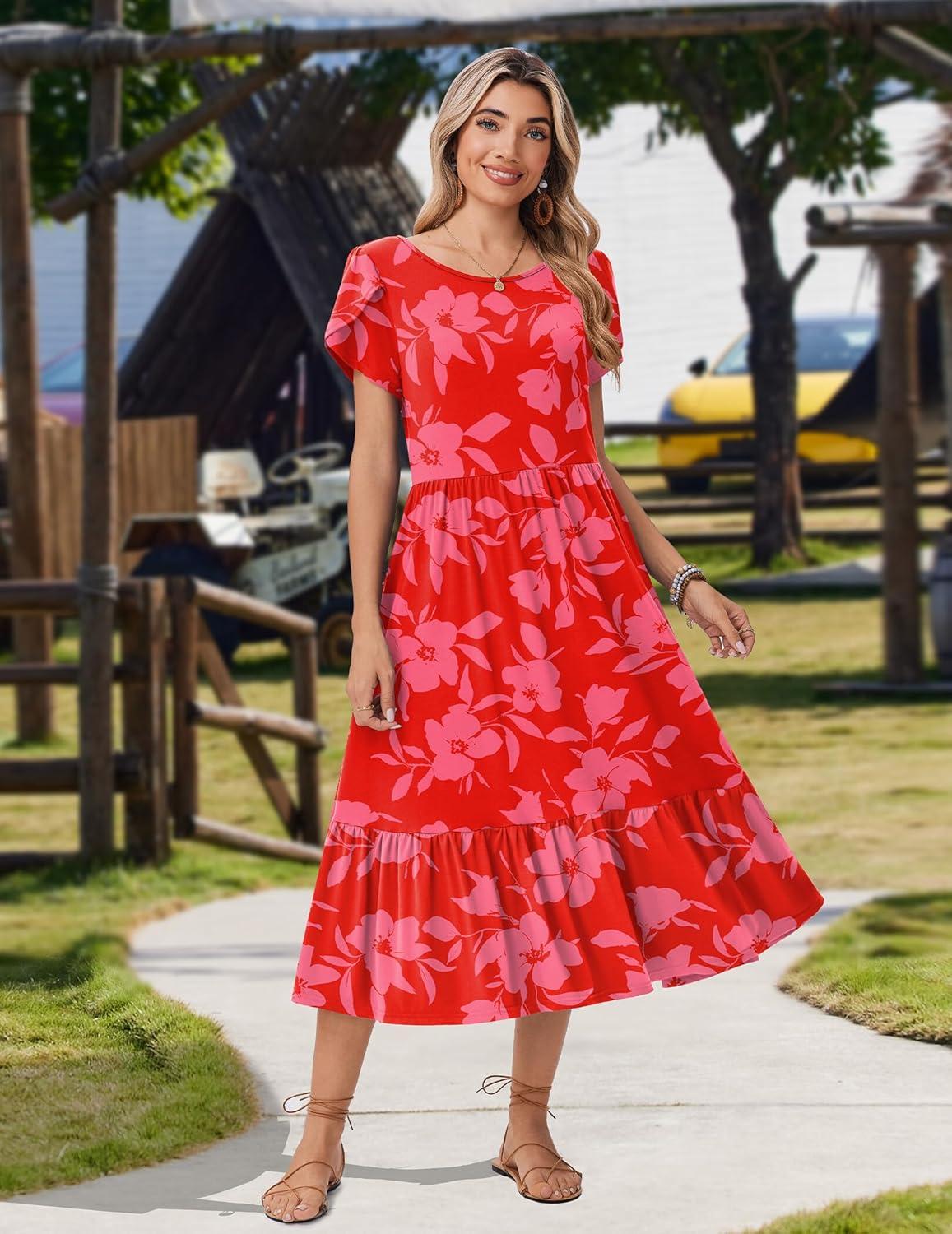 imageZeagoo Women Summer Midi A Line Dress Short Sleeve Casual Flowy Tiered Beach Long Sundress with Pockets 2026 Vacation TravelRed Floral