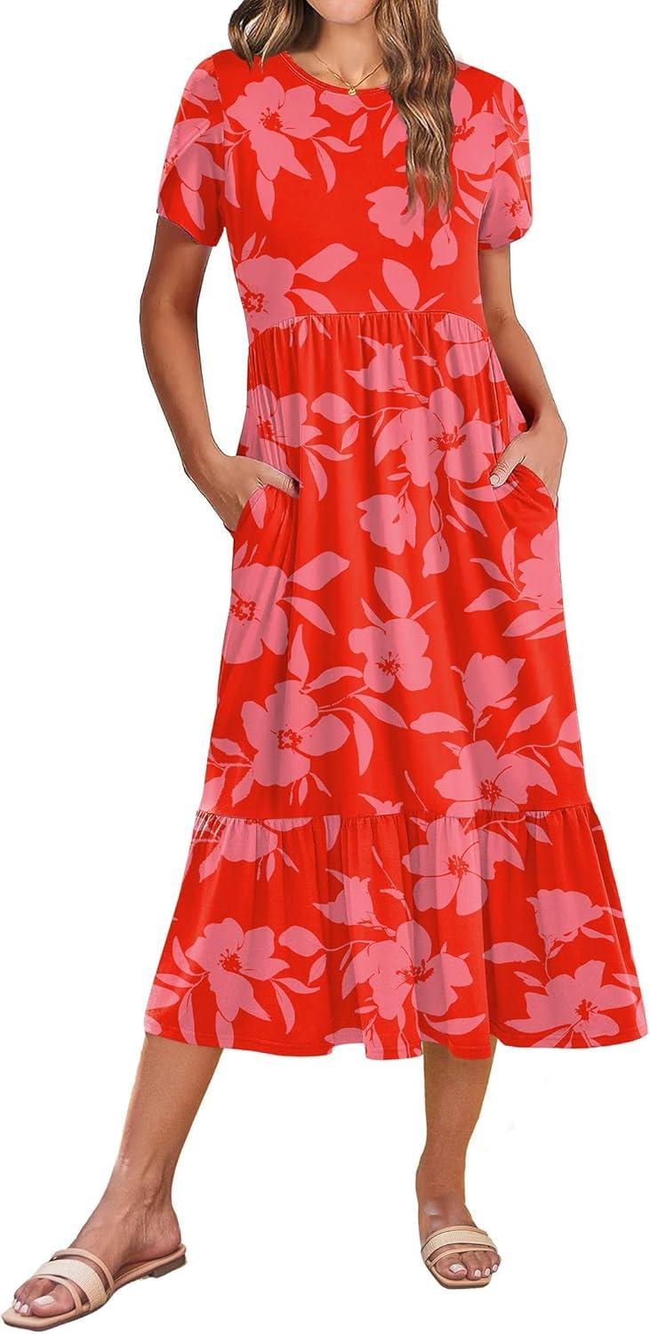 imageZeagoo Women Summer Midi A Line Dress Short Sleeve Casual Flowy Tiered Beach Long Sundress with Pockets 2026 Vacation TravelRed Floral