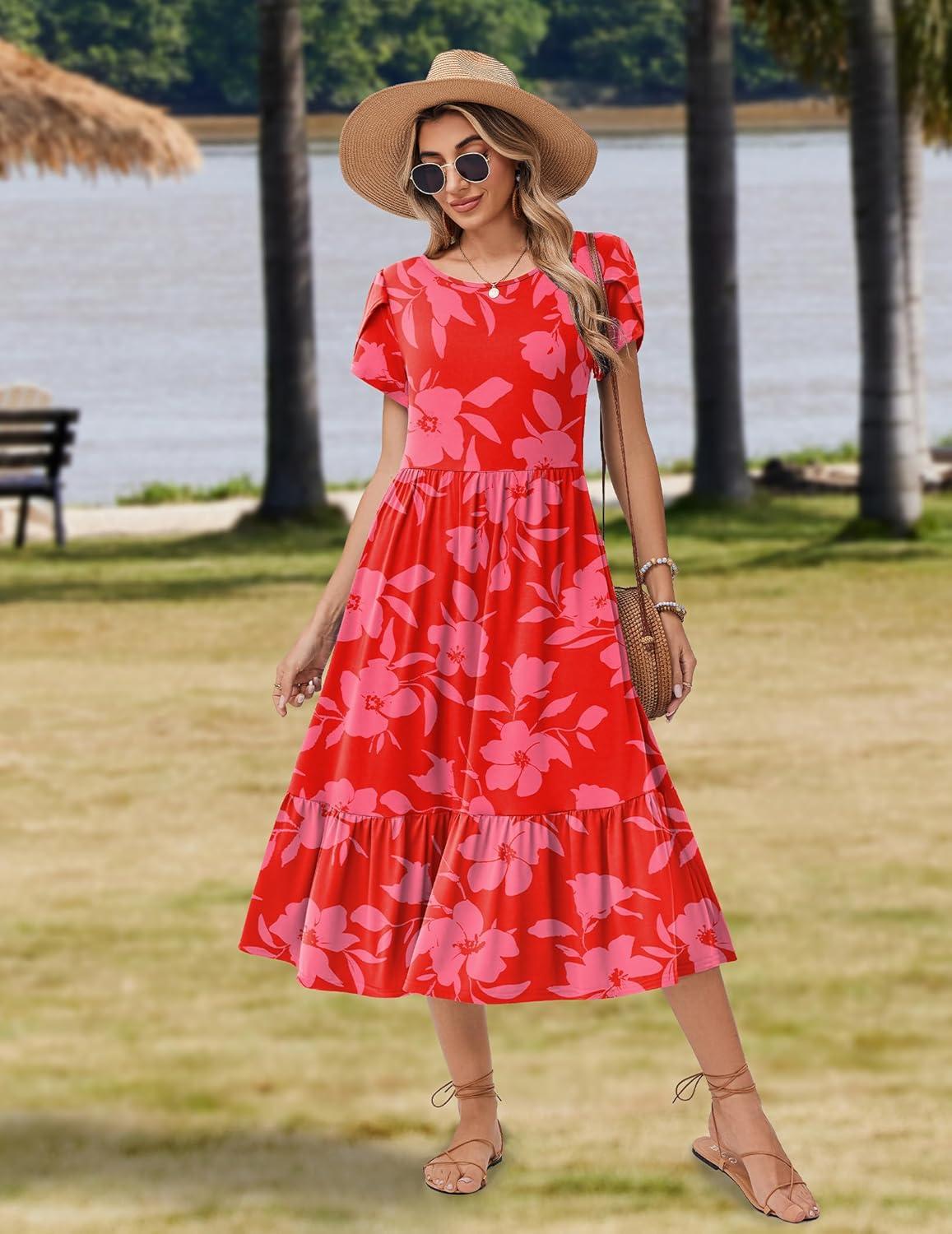 imageZeagoo Women Summer Midi A Line Dress Short Sleeve Casual Flowy Tiered Beach Long Sundress with Pockets 2026 Vacation TravelRed Floral
