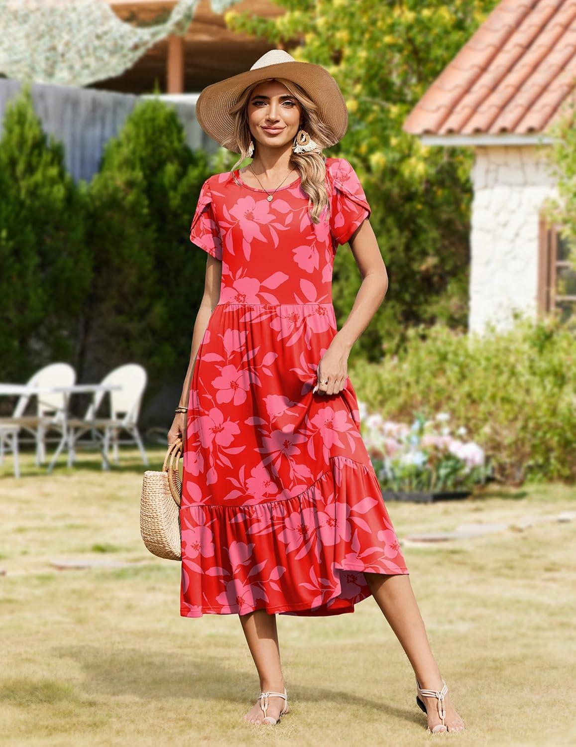 imageZeagoo Women Summer Midi A Line Dress Short Sleeve Casual Flowy Tiered Beach Long Sundress with Pockets 2026 Vacation TravelRed Floral