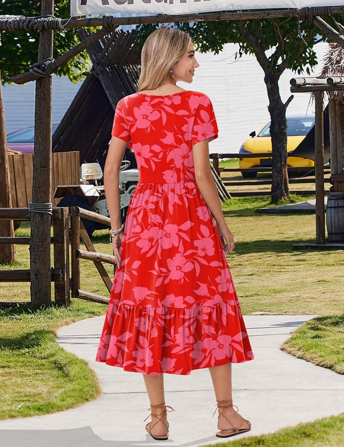 imageZeagoo Women Summer Midi A Line Dress Short Sleeve Casual Flowy Tiered Beach Long Sundress with Pockets 2026 Vacation TravelRed Floral