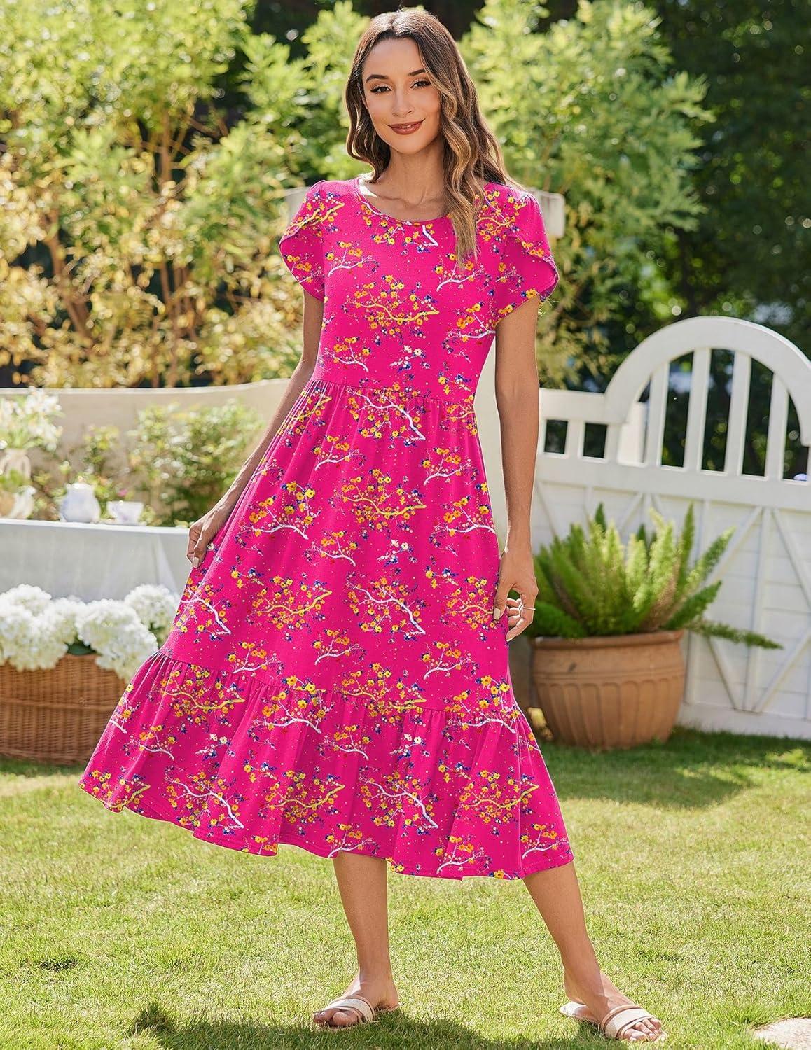 imageZeagoo Women Summer Midi A Line Dress Short Sleeve Casual Flowy Tiered Beach Long Sundress with Pockets 2026 Vacation TravelRed Floral3