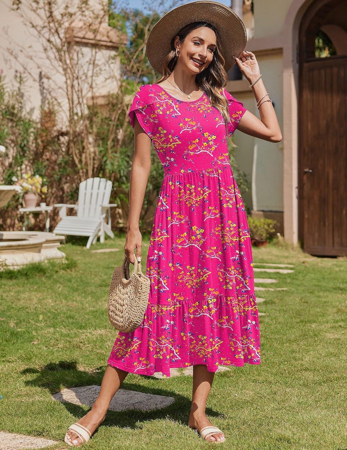 imageZeagoo Women Summer Midi A Line Dress Short Sleeve Casual Flowy Tiered Beach Long Sundress with Pockets 2026 Vacation TravelRed Floral3