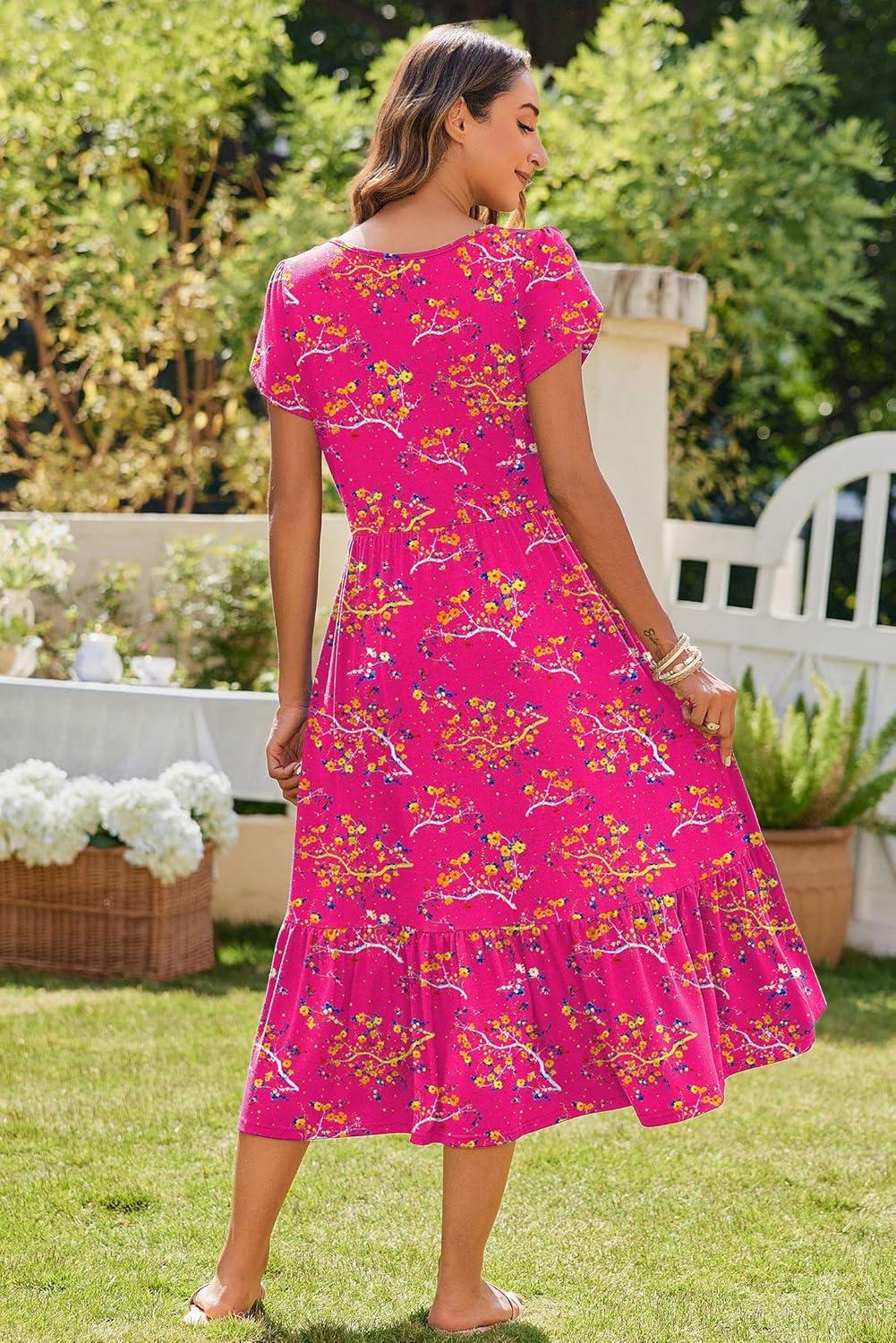 imageZeagoo Women Summer Midi A Line Dress Short Sleeve Casual Flowy Tiered Beach Long Sundress with Pockets 2026 Vacation TravelRed Floral3
