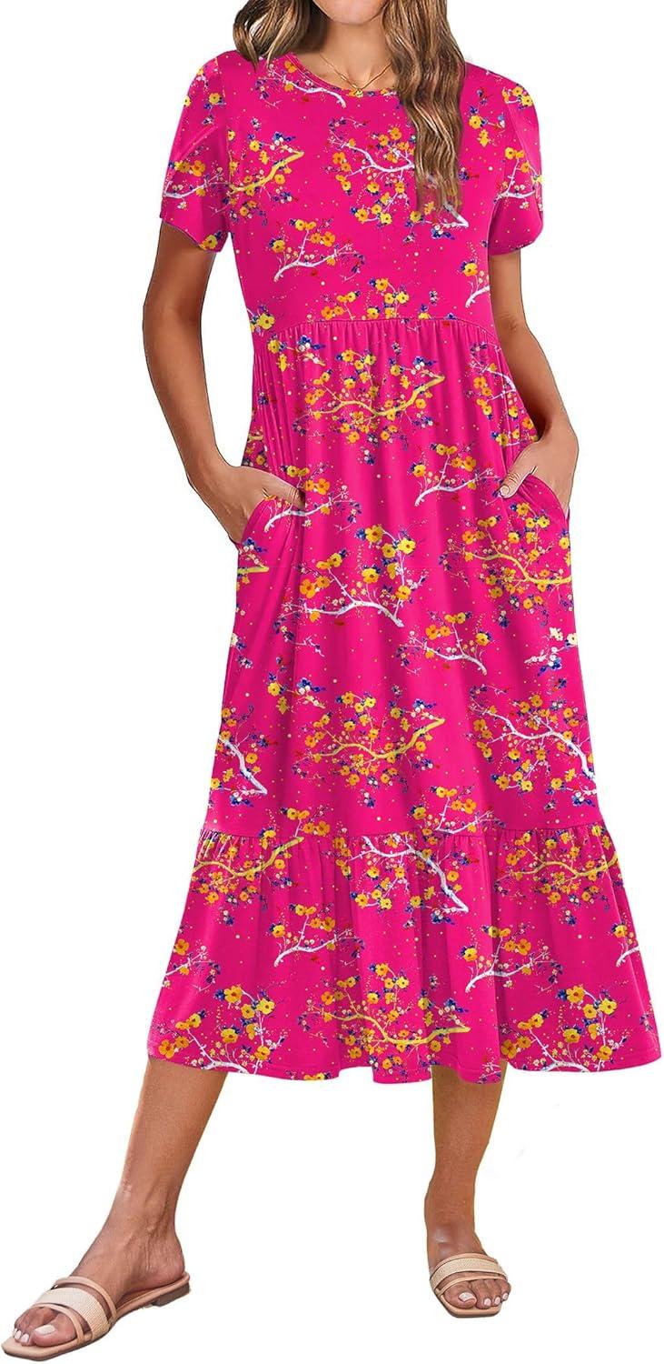 imageZeagoo Women Summer Midi A Line Dress Short Sleeve Casual Flowy Tiered Beach Long Sundress with Pockets 2026 Vacation TravelRed Floral3