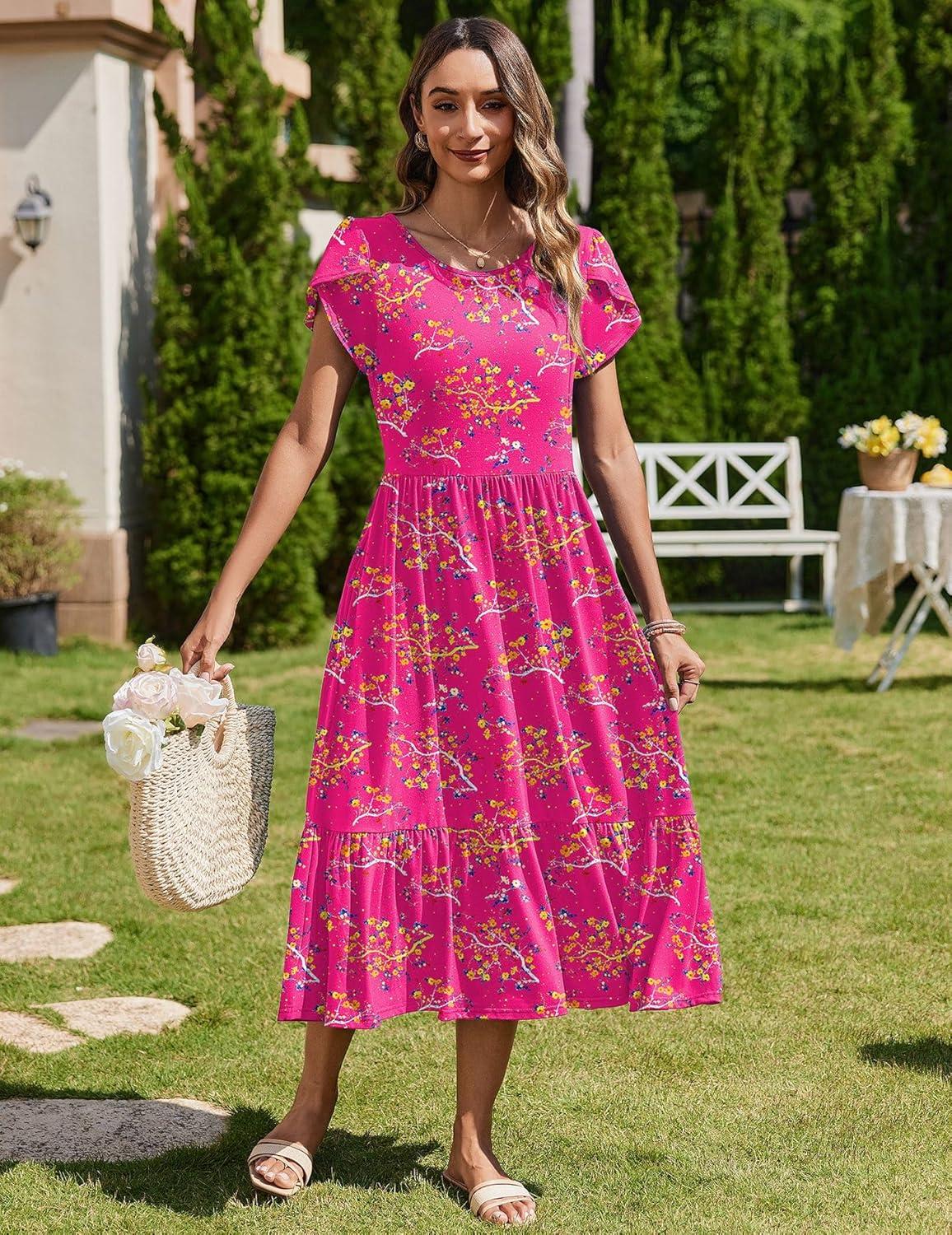 imageZeagoo Women Summer Midi A Line Dress Short Sleeve Casual Flowy Tiered Beach Long Sundress with Pockets 2026 Vacation TravelRed Floral3