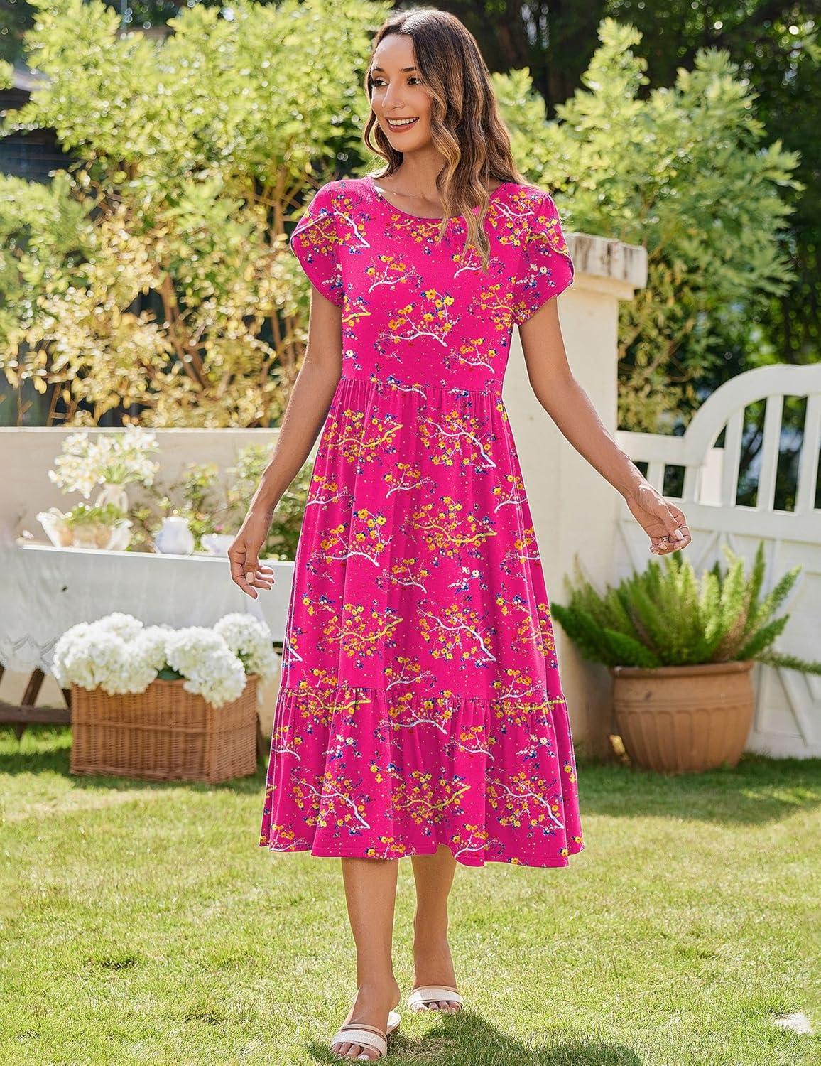 imageZeagoo Women Summer Midi A Line Dress Short Sleeve Casual Flowy Tiered Beach Long Sundress with Pockets 2026 Vacation TravelRed Floral3