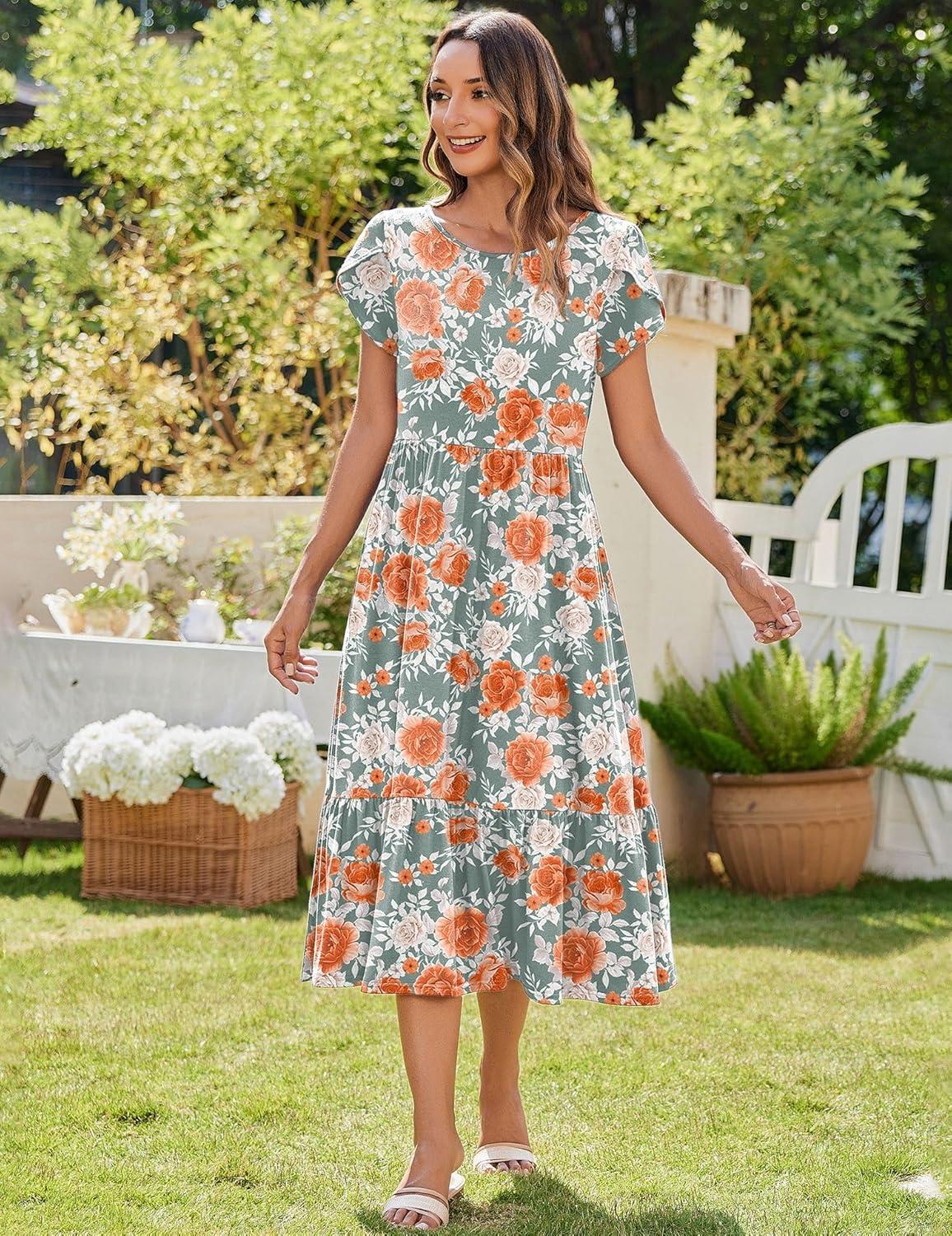 imageZeagoo Women Summer Midi A Line Dress Short Sleeve Casual Flowy Tiered Beach Long Sundress with Pockets 2026 Vacation TravelRed White Floral