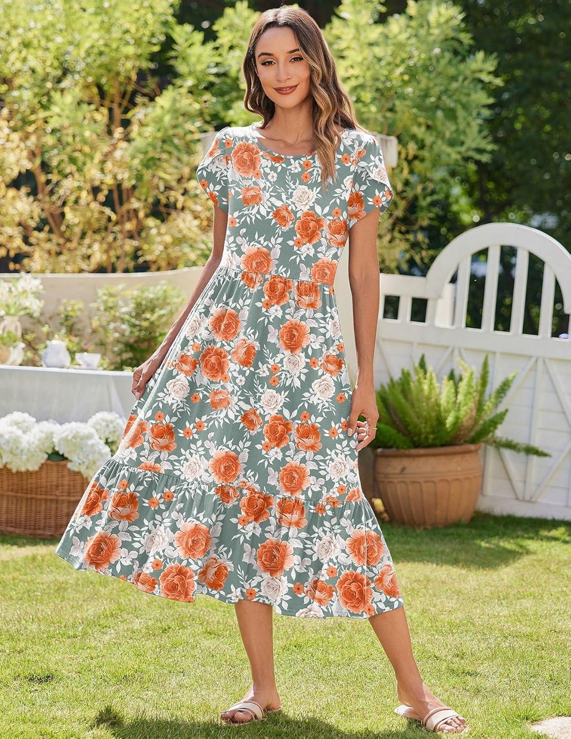 imageZeagoo Women Summer Midi A Line Dress Short Sleeve Casual Flowy Tiered Beach Long Sundress with Pockets 2026 Vacation TravelRed White Floral