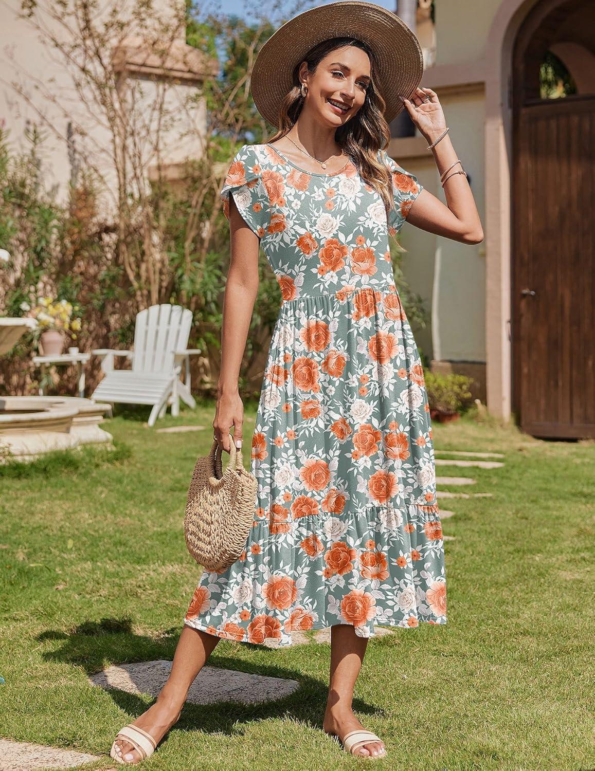 imageZeagoo Women Summer Midi A Line Dress Short Sleeve Casual Flowy Tiered Beach Long Sundress with Pockets 2026 Vacation TravelRed White Floral