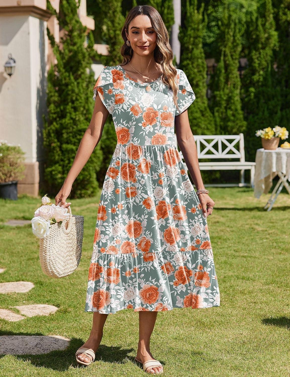 imageZeagoo Women Summer Midi A Line Dress Short Sleeve Casual Flowy Tiered Beach Long Sundress with Pockets 2026 Vacation TravelRed White Floral