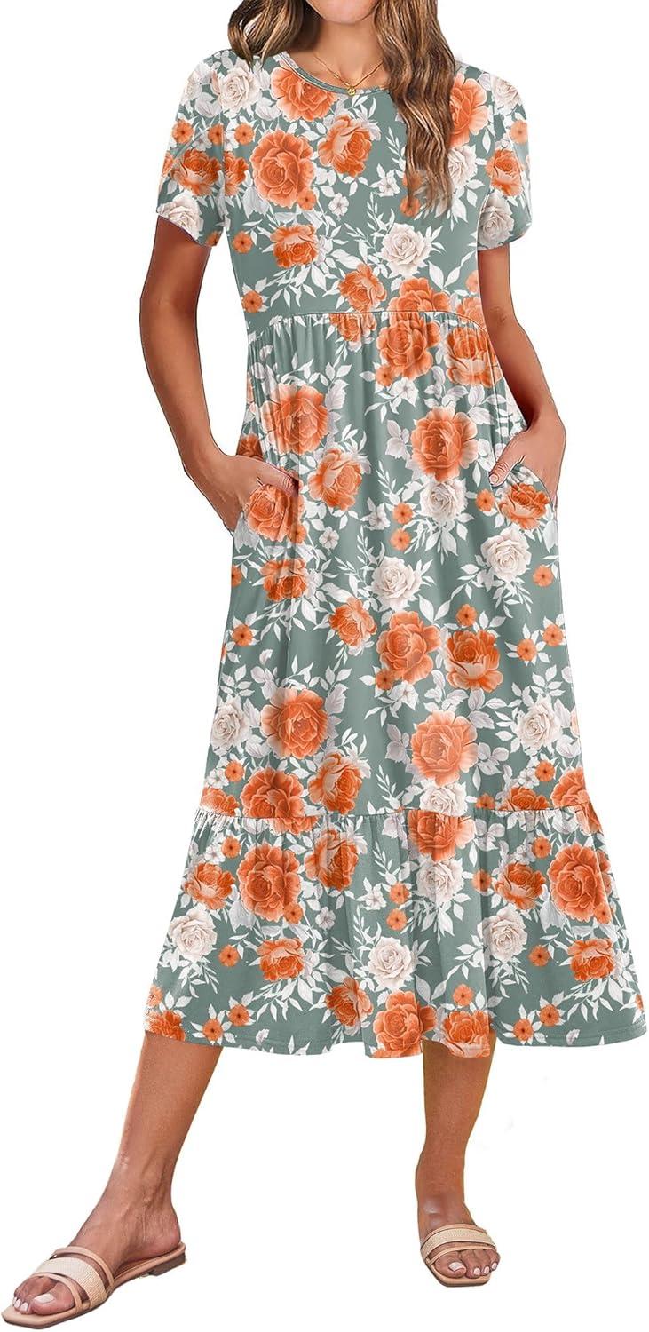 imageZeagoo Women Summer Midi A Line Dress Short Sleeve Casual Flowy Tiered Beach Long Sundress with Pockets 2026 Vacation TravelRed White Floral