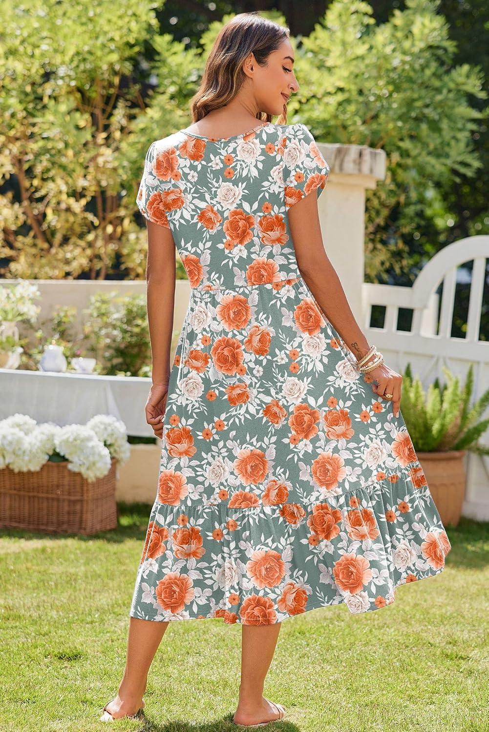 imageZeagoo Women Summer Midi A Line Dress Short Sleeve Casual Flowy Tiered Beach Long Sundress with Pockets 2026 Vacation TravelRed White Floral
