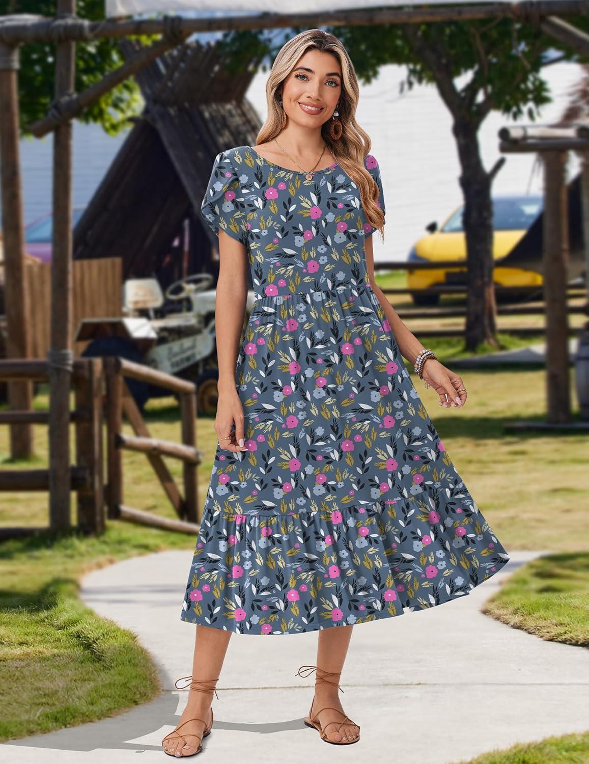 imageZeagoo Women Summer Midi A Line Dress Short Sleeve Casual Flowy Tiered Beach Long Sundress with Pockets 2026 Vacation TravelRose Red Floral
