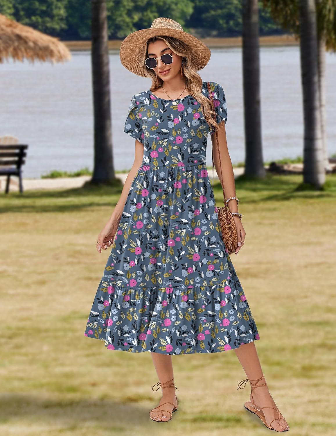 imageZeagoo Women Summer Midi A Line Dress Short Sleeve Casual Flowy Tiered Beach Long Sundress with Pockets 2026 Vacation TravelRose Red Floral