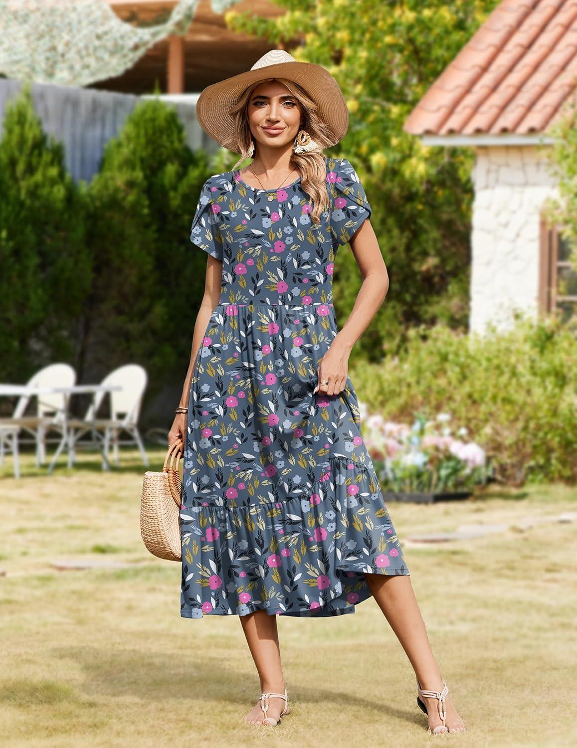 imageZeagoo Women Summer Midi A Line Dress Short Sleeve Casual Flowy Tiered Beach Long Sundress with Pockets 2026 Vacation TravelRose Red Floral