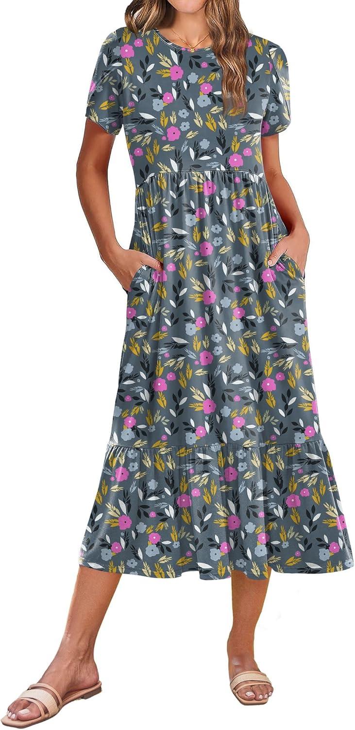 imageZeagoo Women Summer Midi A Line Dress Short Sleeve Casual Flowy Tiered Beach Long Sundress with Pockets 2026 Vacation TravelRose Red Floral