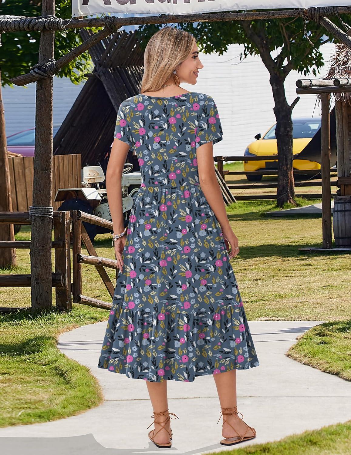 imageZeagoo Women Summer Midi A Line Dress Short Sleeve Casual Flowy Tiered Beach Long Sundress with Pockets 2026 Vacation TravelRose Red Floral