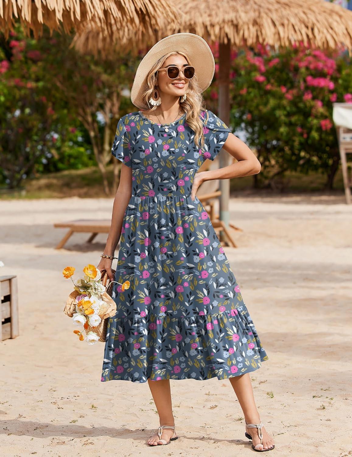 imageZeagoo Women Summer Midi A Line Dress Short Sleeve Casual Flowy Tiered Beach Long Sundress with Pockets 2026 Vacation TravelRose Red Floral