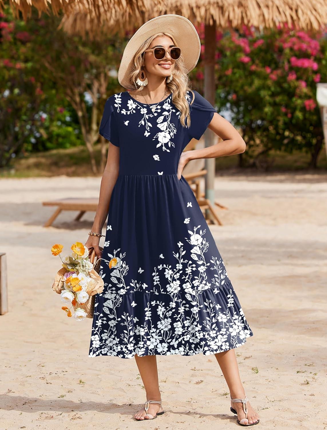 imageZeagoo Women Summer Midi A Line Dress Short Sleeve Casual Flowy Tiered Beach Long Sundress with Pockets 2026 Vacation TravelSf103