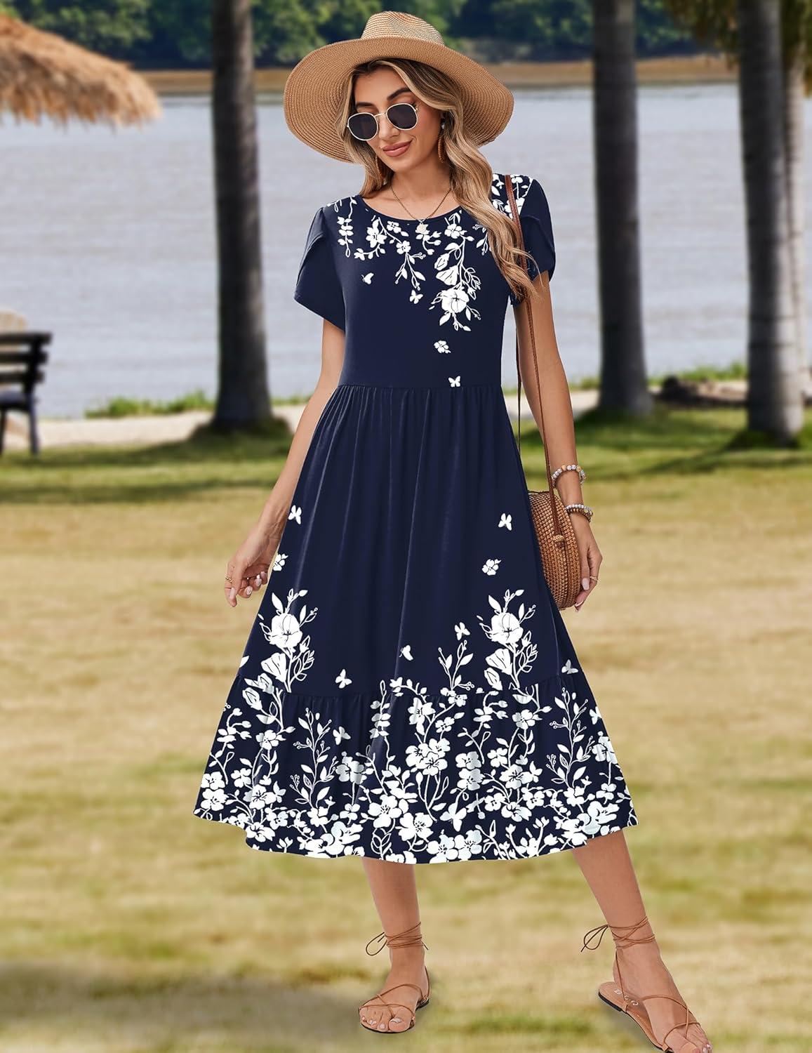 imageZeagoo Women Summer Midi A Line Dress Short Sleeve Casual Flowy Tiered Beach Long Sundress with Pockets 2026 Vacation TravelSf103