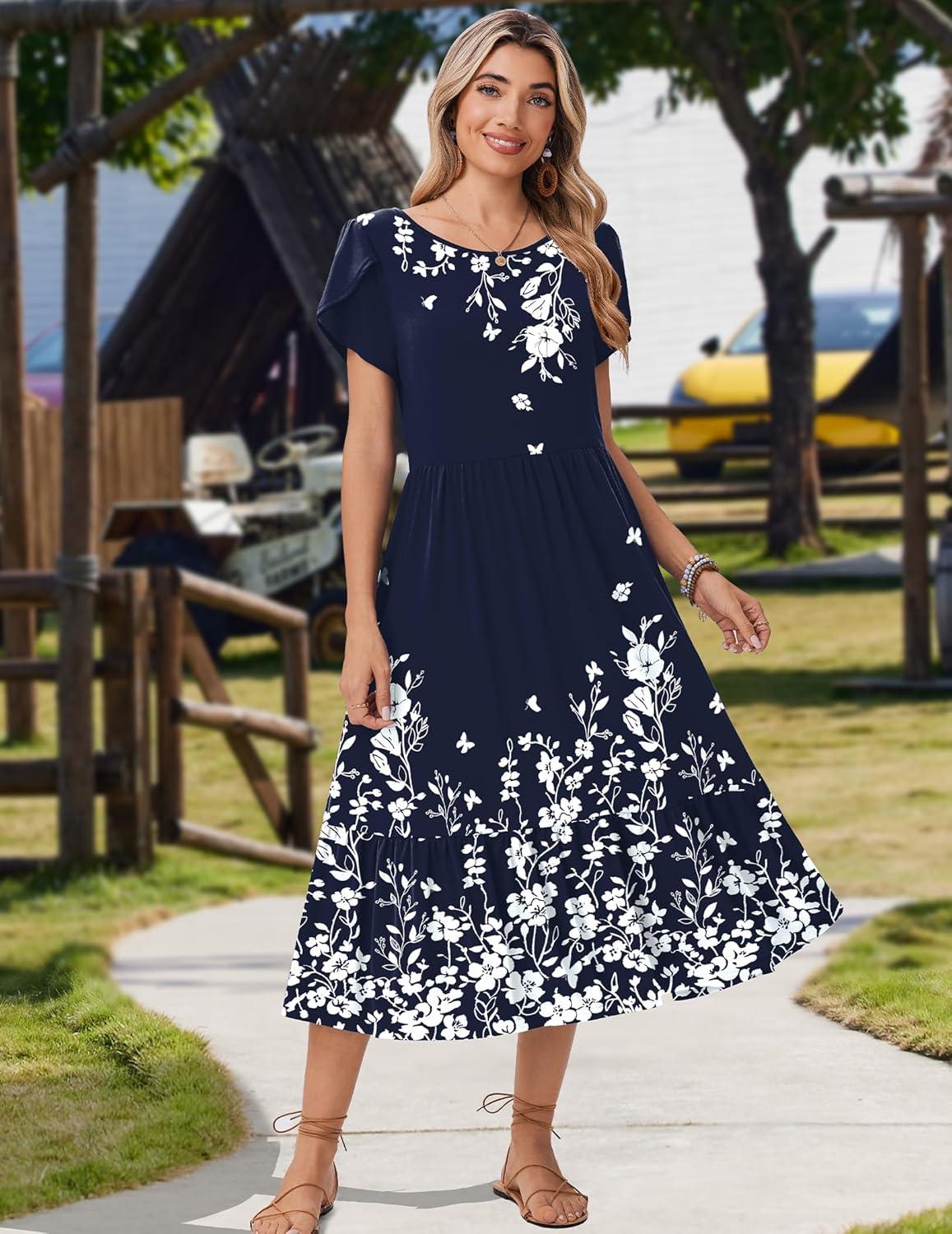 imageZeagoo Women Summer Midi A Line Dress Short Sleeve Casual Flowy Tiered Beach Long Sundress with Pockets 2026 Vacation TravelSf103