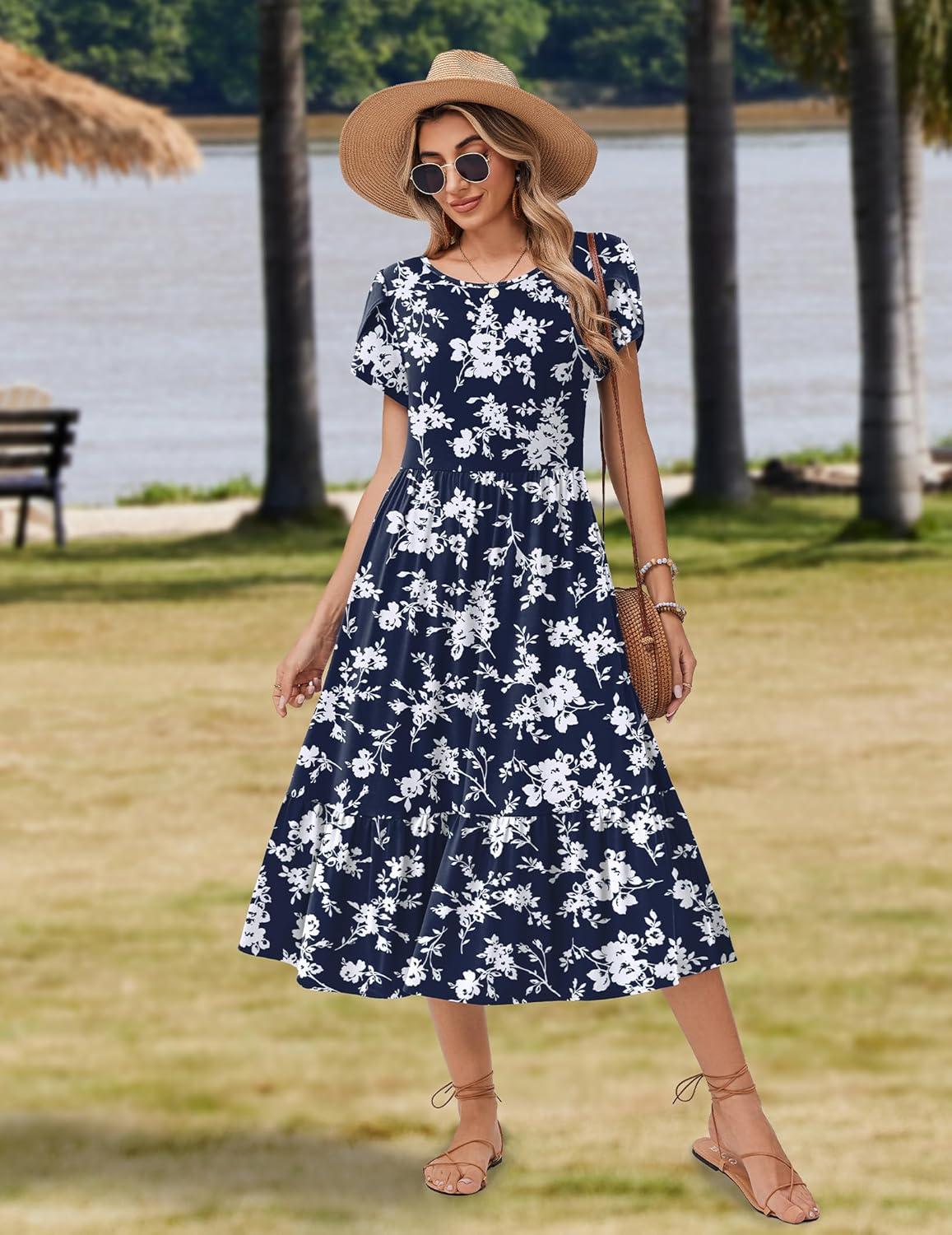 imageZeagoo Women Summer Midi A Line Dress Short Sleeve Casual Flowy Tiered Beach Long Sundress with Pockets 2026 Vacation TravelWhite Floral2