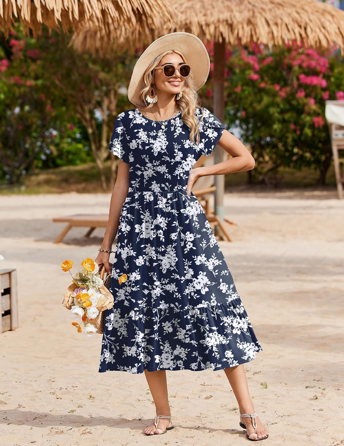 imageZeagoo Women Summer Midi A Line Dress Short Sleeve Casual Flowy Tiered Beach Long Sundress with Pockets 2026 Vacation TravelWhite Floral2