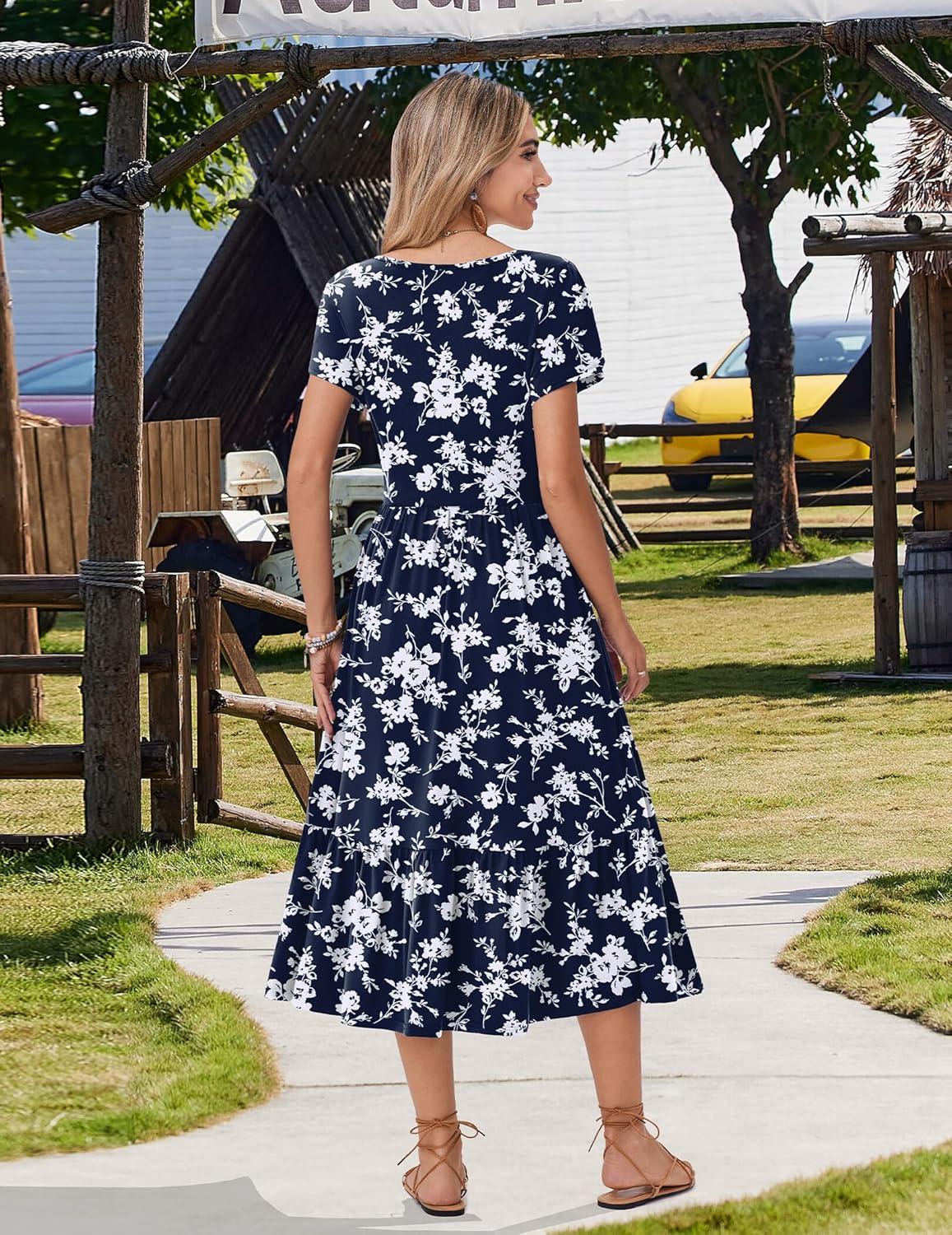 imageZeagoo Women Summer Midi A Line Dress Short Sleeve Casual Flowy Tiered Beach Long Sundress with Pockets 2026 Vacation TravelWhite Floral2