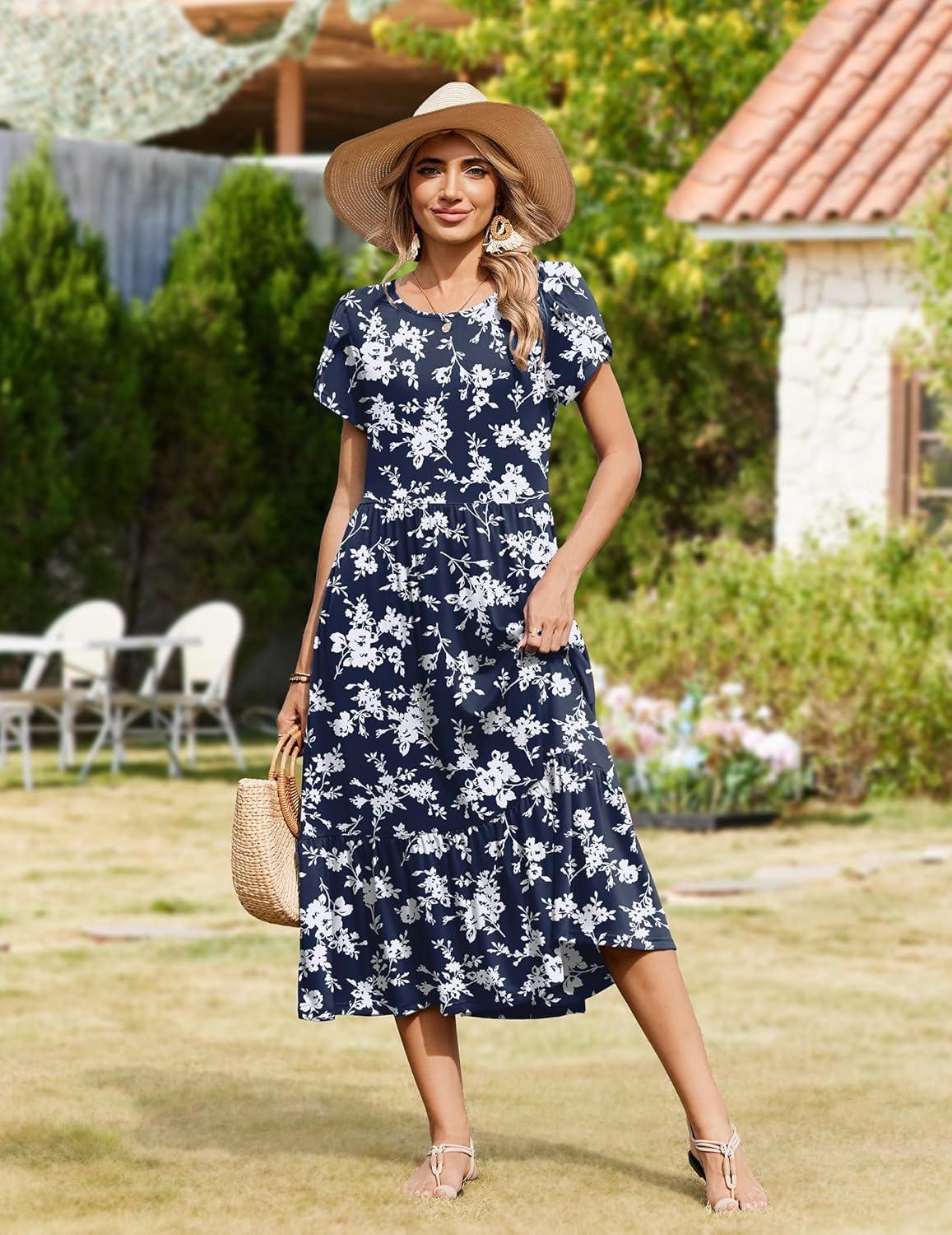 imageZeagoo Women Summer Midi A Line Dress Short Sleeve Casual Flowy Tiered Beach Long Sundress with Pockets 2026 Vacation TravelWhite Floral2