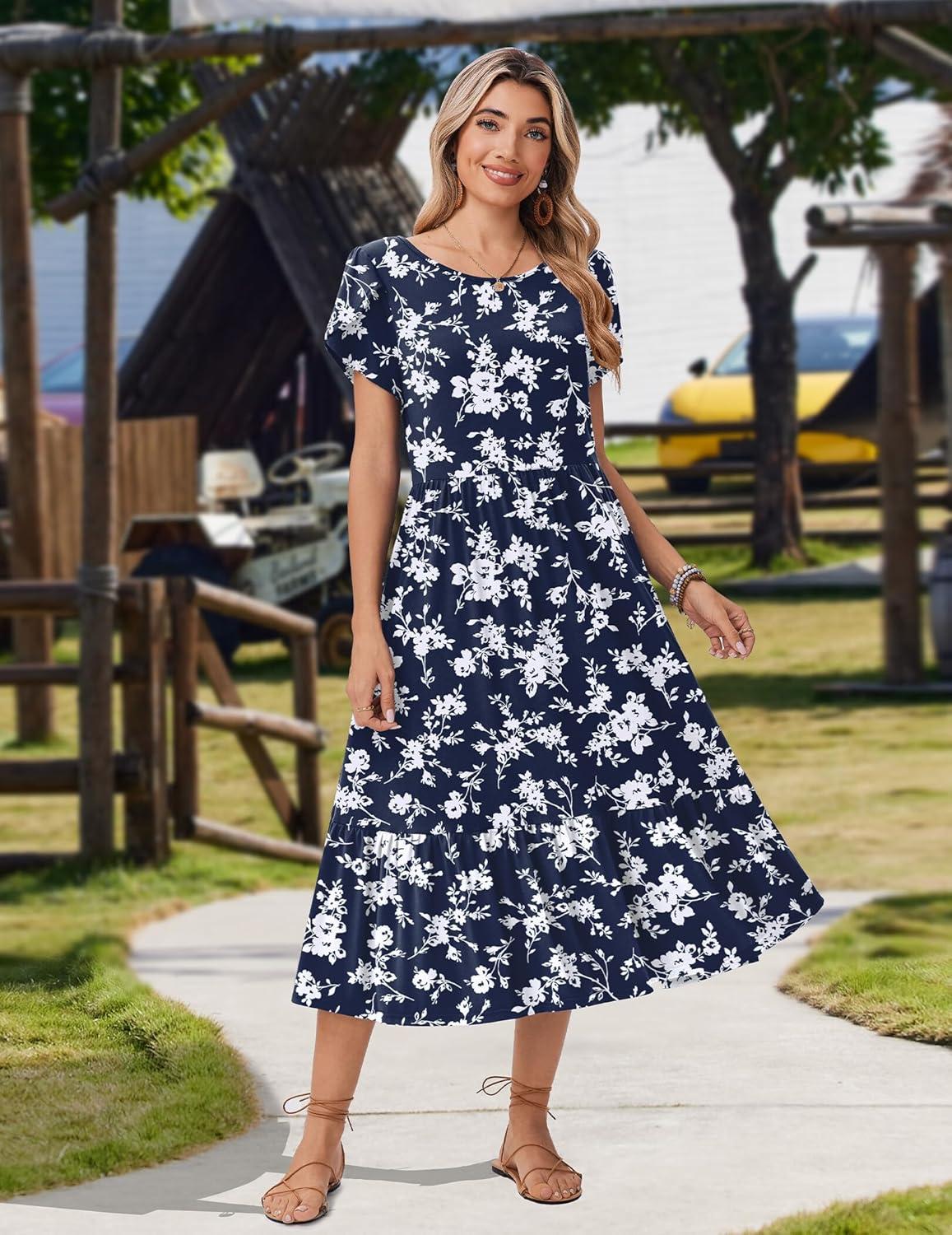 imageZeagoo Women Summer Midi A Line Dress Short Sleeve Casual Flowy Tiered Beach Long Sundress with Pockets 2026 Vacation TravelWhite Floral2
