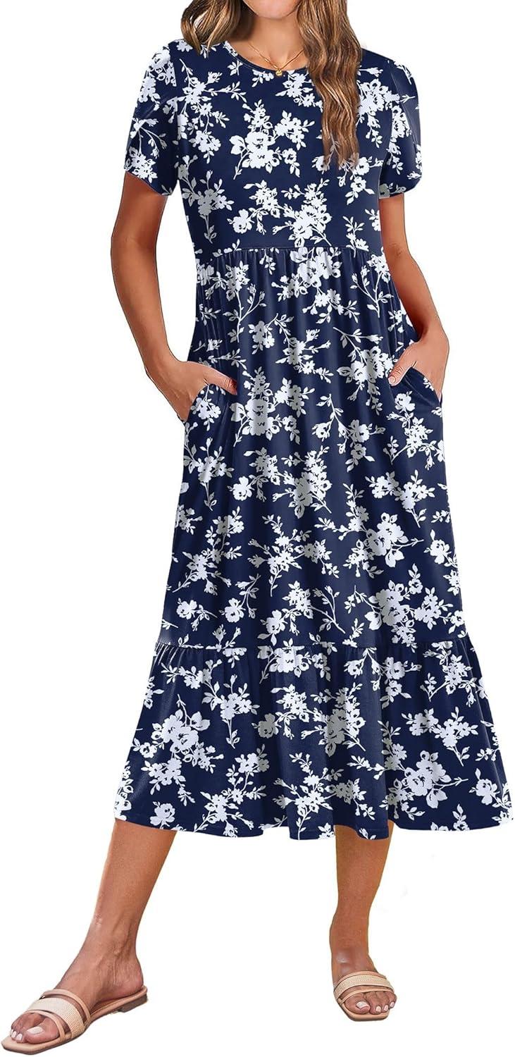 imageZeagoo Women Summer Midi A Line Dress Short Sleeve Casual Flowy Tiered Beach Long Sundress with Pockets 2026 Vacation TravelWhite Floral2