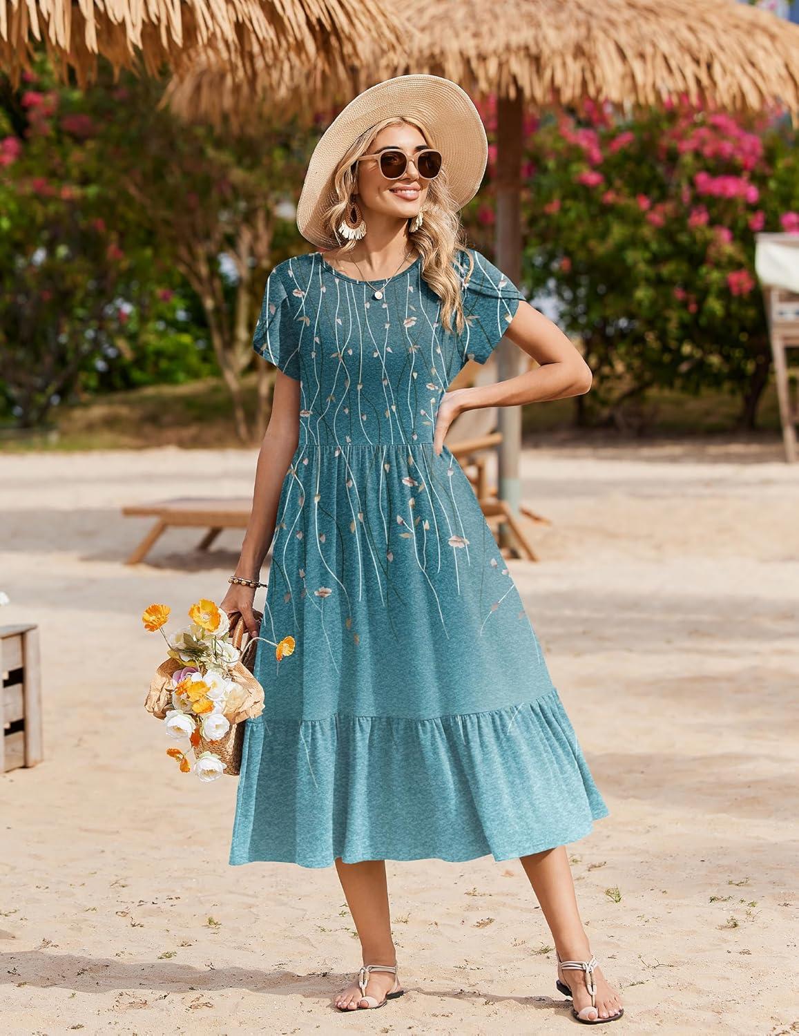 imageZeagoo Women Summer Midi A Line Dress Short Sleeve Casual Flowy Tiered Beach Long Sundress with Pockets 2026 Vacation TravelXh363