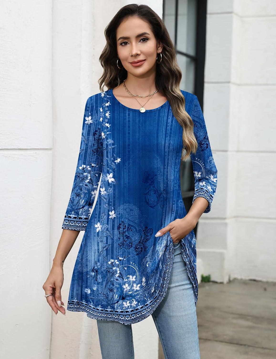 imageZeagoo Women Tops 34 Sleeve Dressy Casual Plus Size Tunics to Wear with Leggings Swing Flare TShirt Loose BlousesBlue Flowermz845