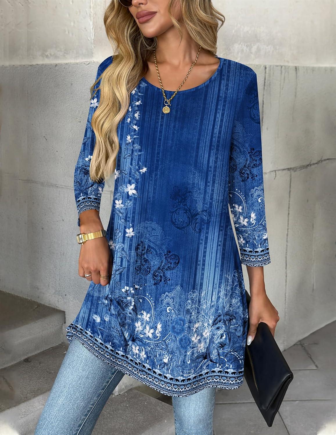 imageZeagoo Women Tops 34 Sleeve Dressy Casual Plus Size Tunics to Wear with Leggings Swing Flare TShirt Loose BlousesBlue Flowermz845