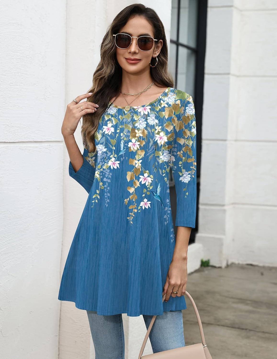 imageZeagoo Women Tops 34 Sleeve Dressy Casual Plus Size Tunics to Wear with Leggings Swing Flare TShirt Loose BlousesBlue Flowersf223