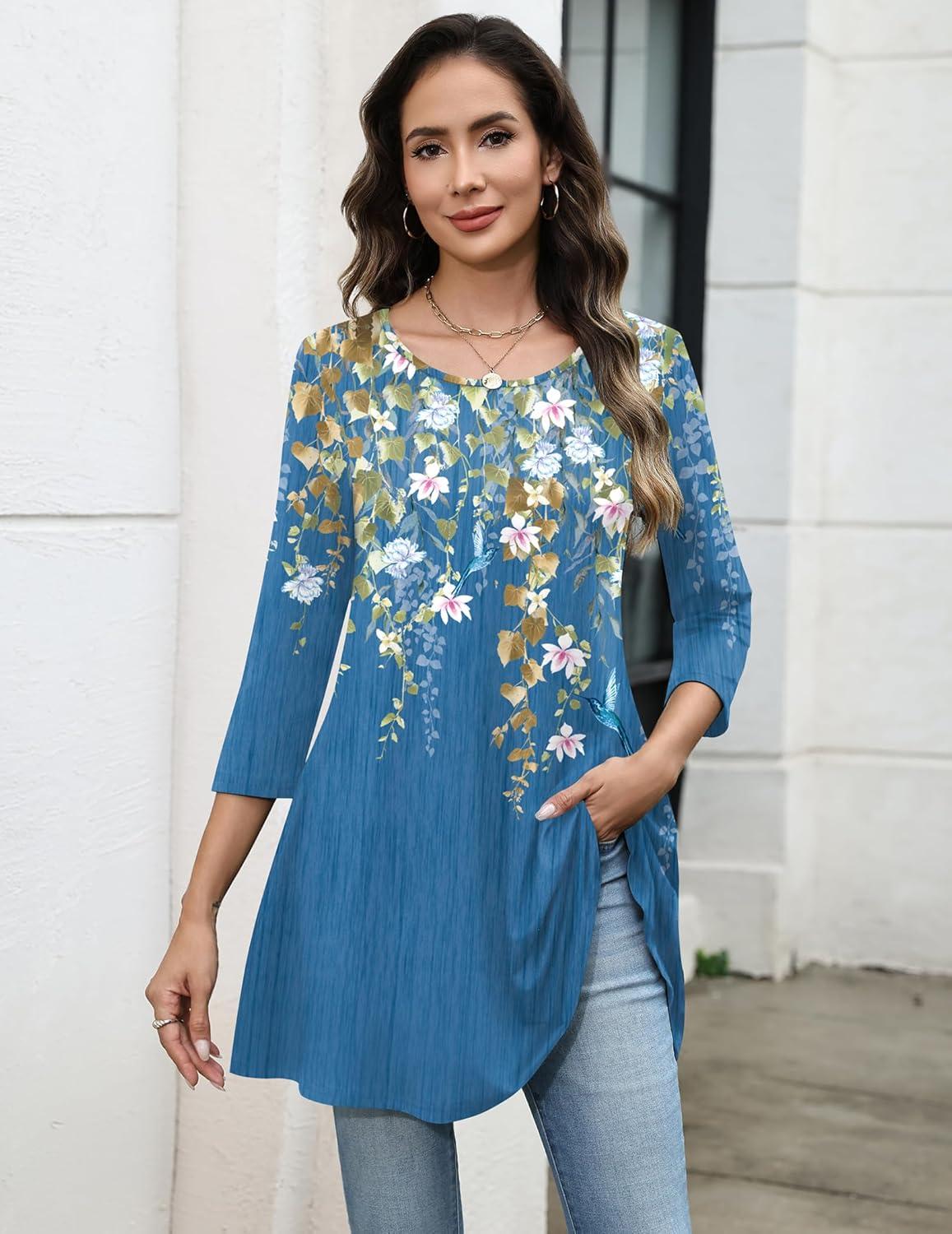 imageZeagoo Women Tops 34 Sleeve Dressy Casual Plus Size Tunics to Wear with Leggings Swing Flare TShirt Loose BlousesBlue Flowersf223