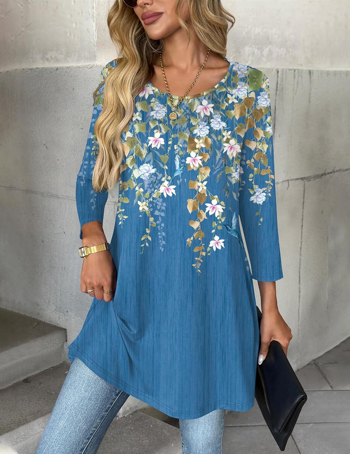 imageZeagoo Women Tops 34 Sleeve Dressy Casual Plus Size Tunics to Wear with Leggings Swing Flare TShirt Loose BlousesBlue Flowersf223