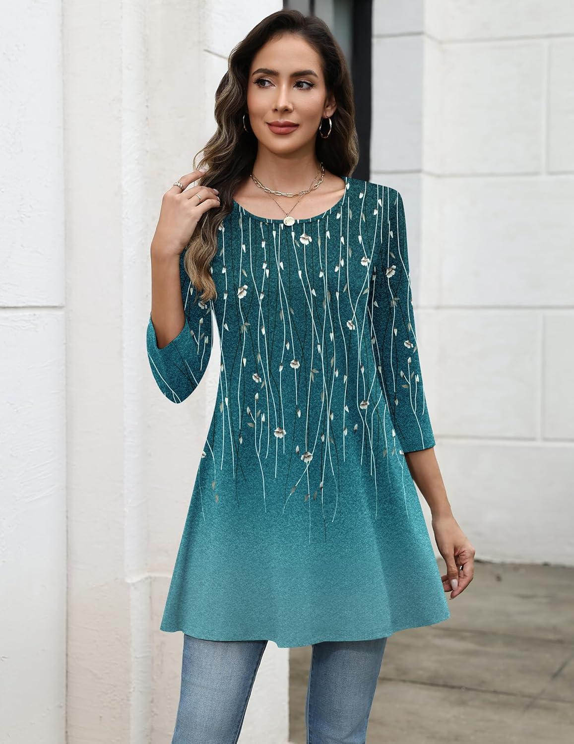 imageZeagoo Women Tops 34 Sleeve Dressy Casual Plus Size Tunics to Wear with Leggings Swing Flare TShirt Loose BlousesBlue Leavesxh363