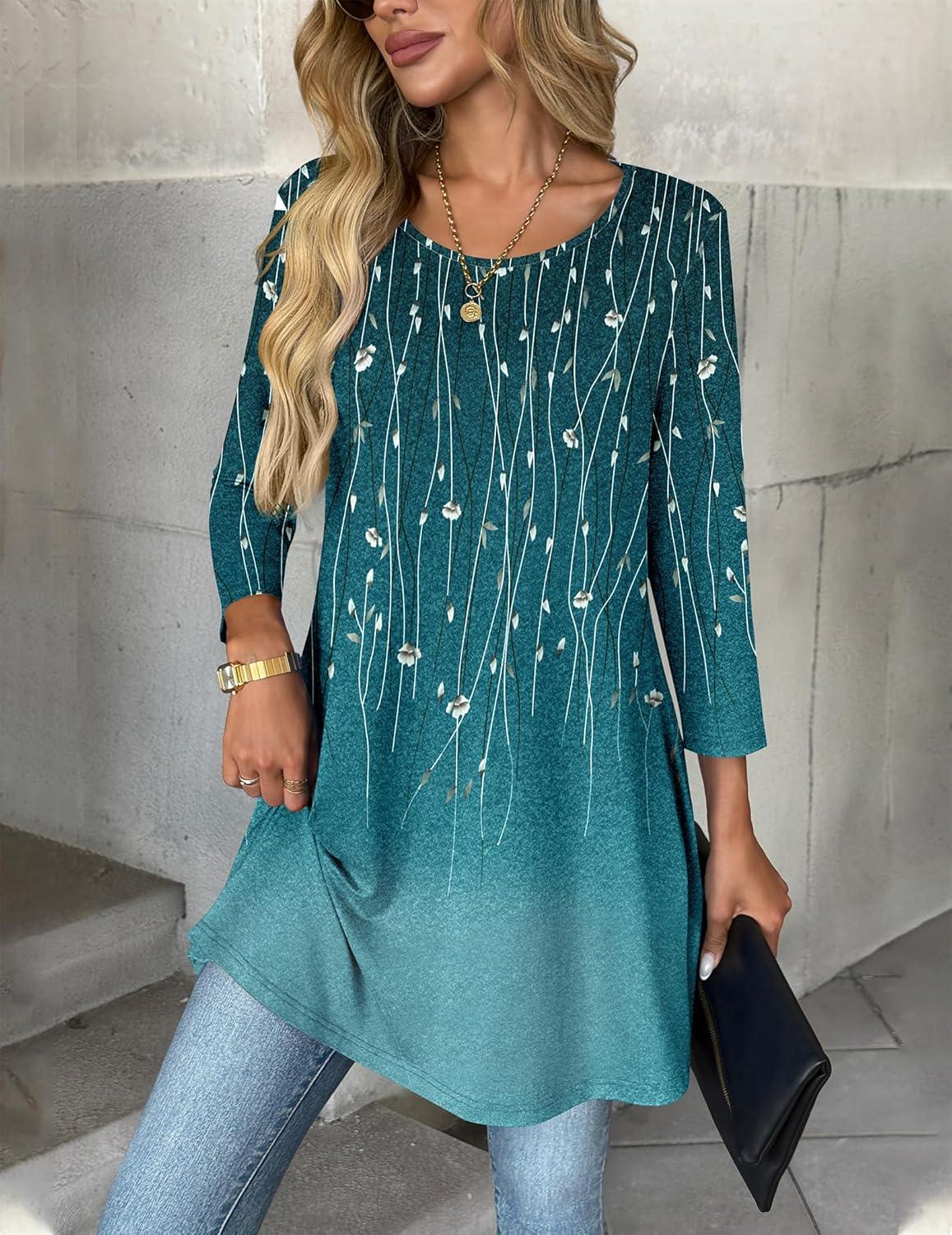 imageZeagoo Women Tops 34 Sleeve Dressy Casual Plus Size Tunics to Wear with Leggings Swing Flare TShirt Loose BlousesBlue Leavesxh363
