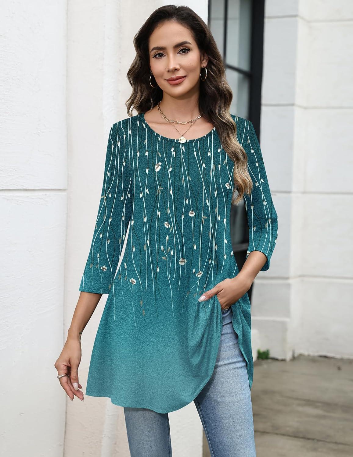 imageZeagoo Women Tops 34 Sleeve Dressy Casual Plus Size Tunics to Wear with Leggings Swing Flare TShirt Loose BlousesBlue Leavesxh363
