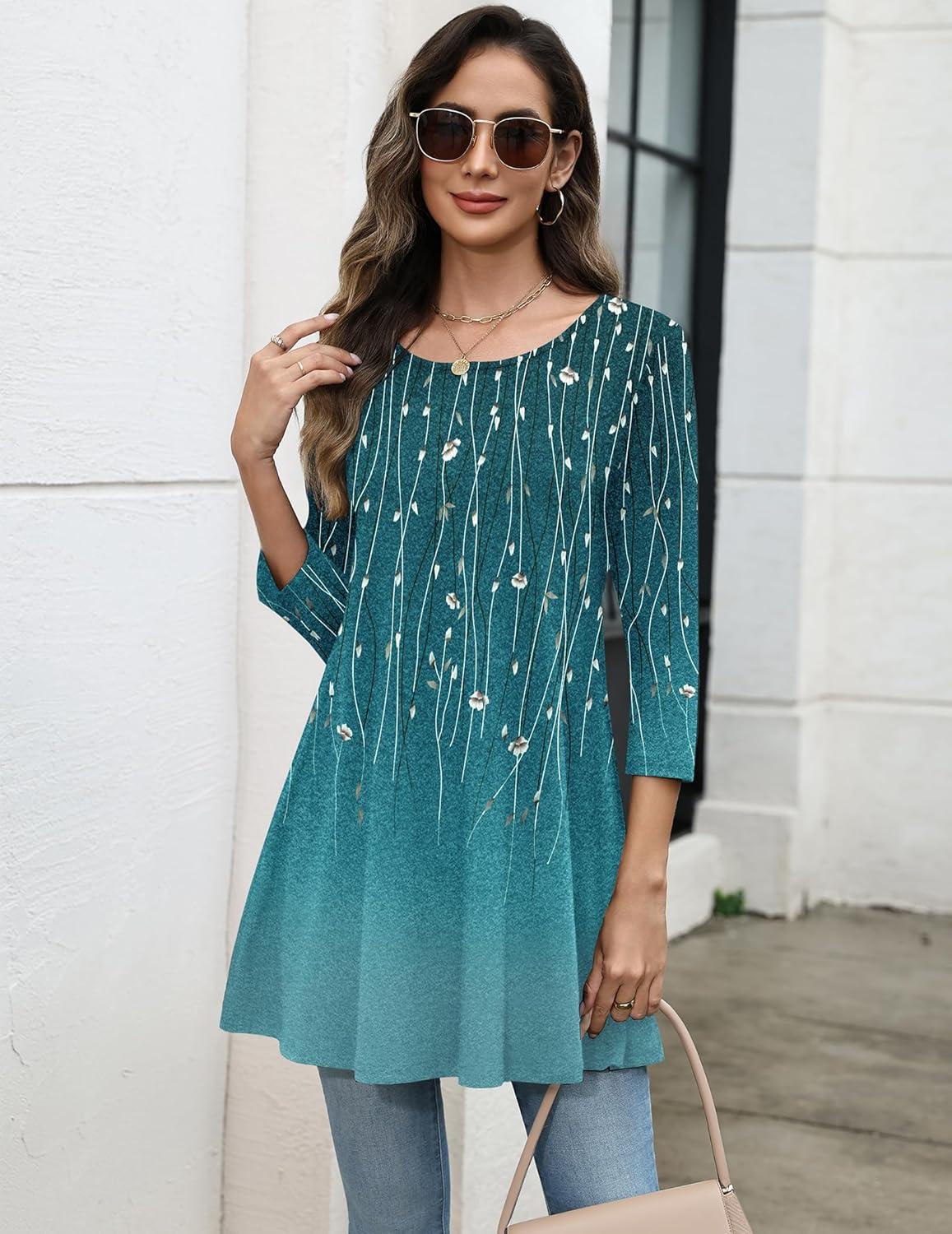 imageZeagoo Women Tops 34 Sleeve Dressy Casual Plus Size Tunics to Wear with Leggings Swing Flare TShirt Loose BlousesBlue Leavesxh363
