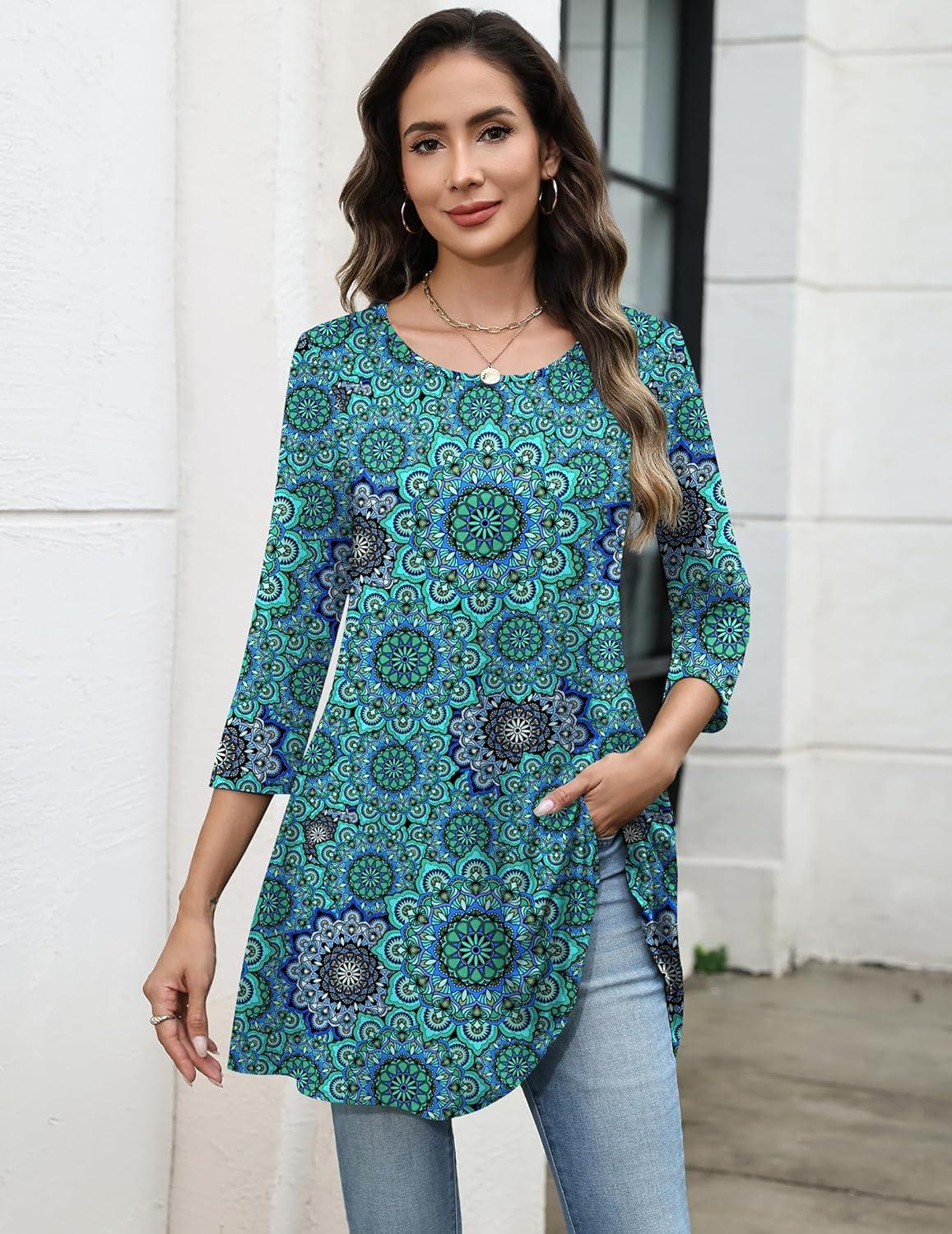 imageZeagoo Women Tops 34 Sleeve Dressy Casual Plus Size Tunics to Wear with Leggings Swing Flare TShirt Loose BlousesBlue Printmz858