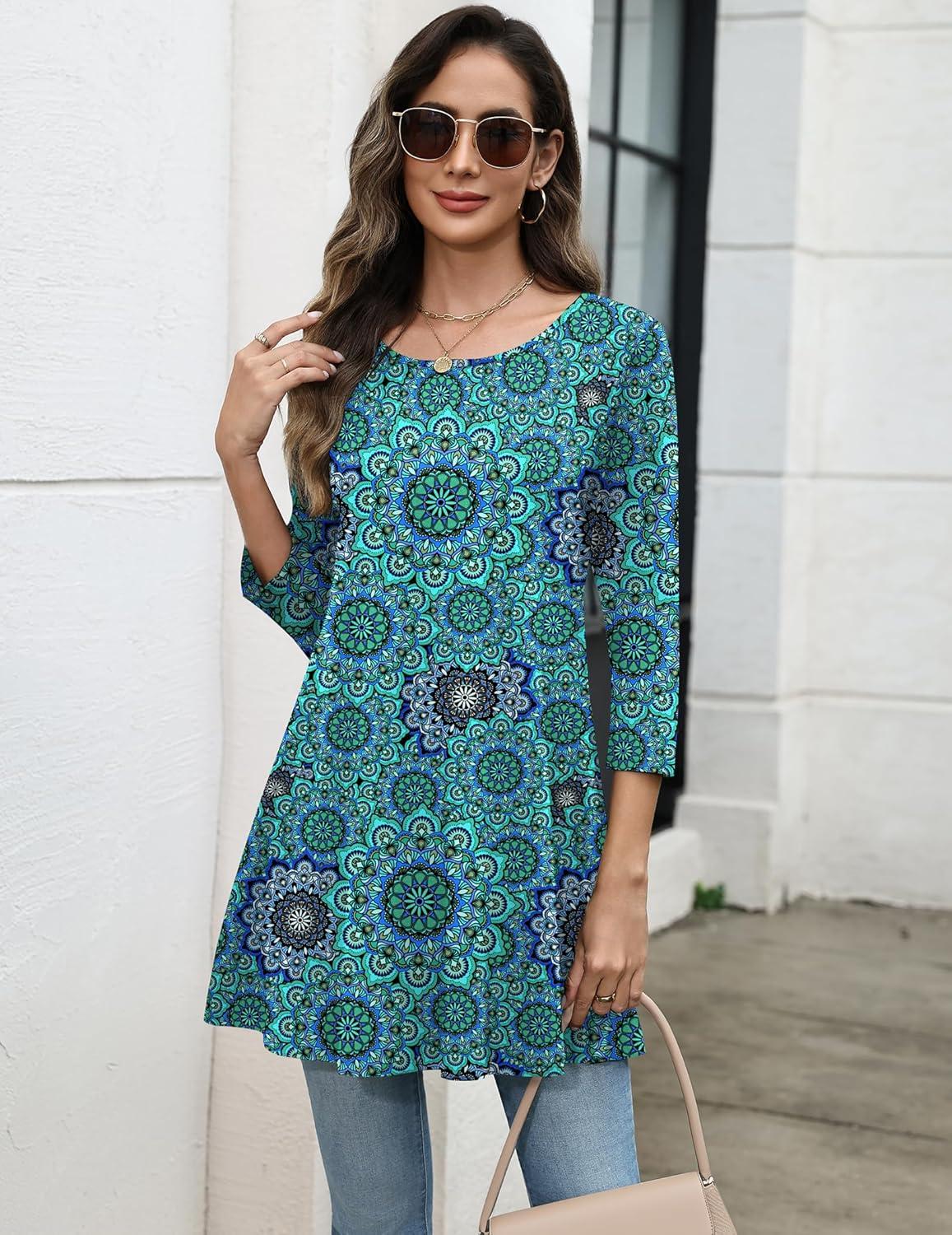 imageZeagoo Women Tops 34 Sleeve Dressy Casual Plus Size Tunics to Wear with Leggings Swing Flare TShirt Loose BlousesBlue Printmz858