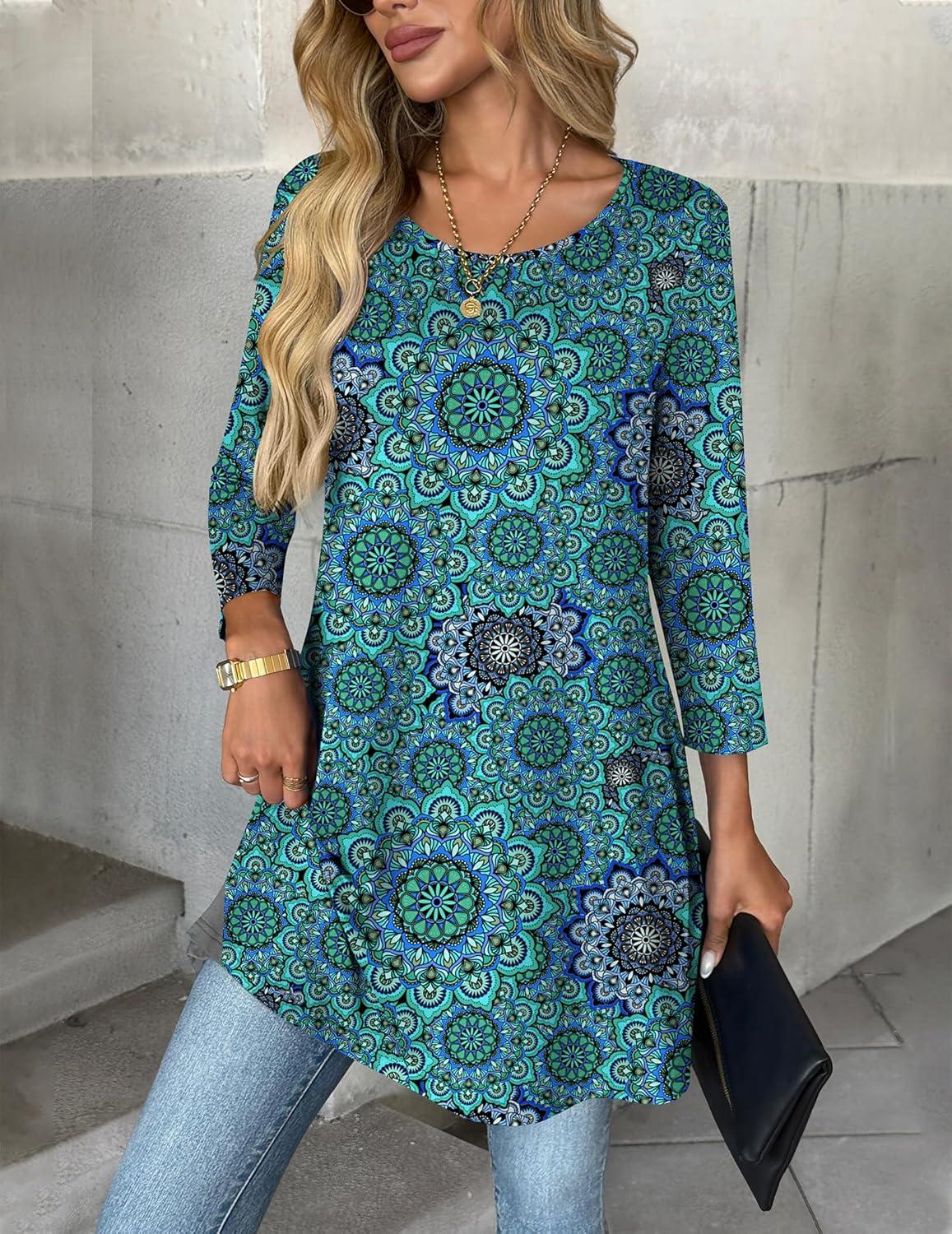 imageZeagoo Women Tops 34 Sleeve Dressy Casual Plus Size Tunics to Wear with Leggings Swing Flare TShirt Loose BlousesBlue Printmz858