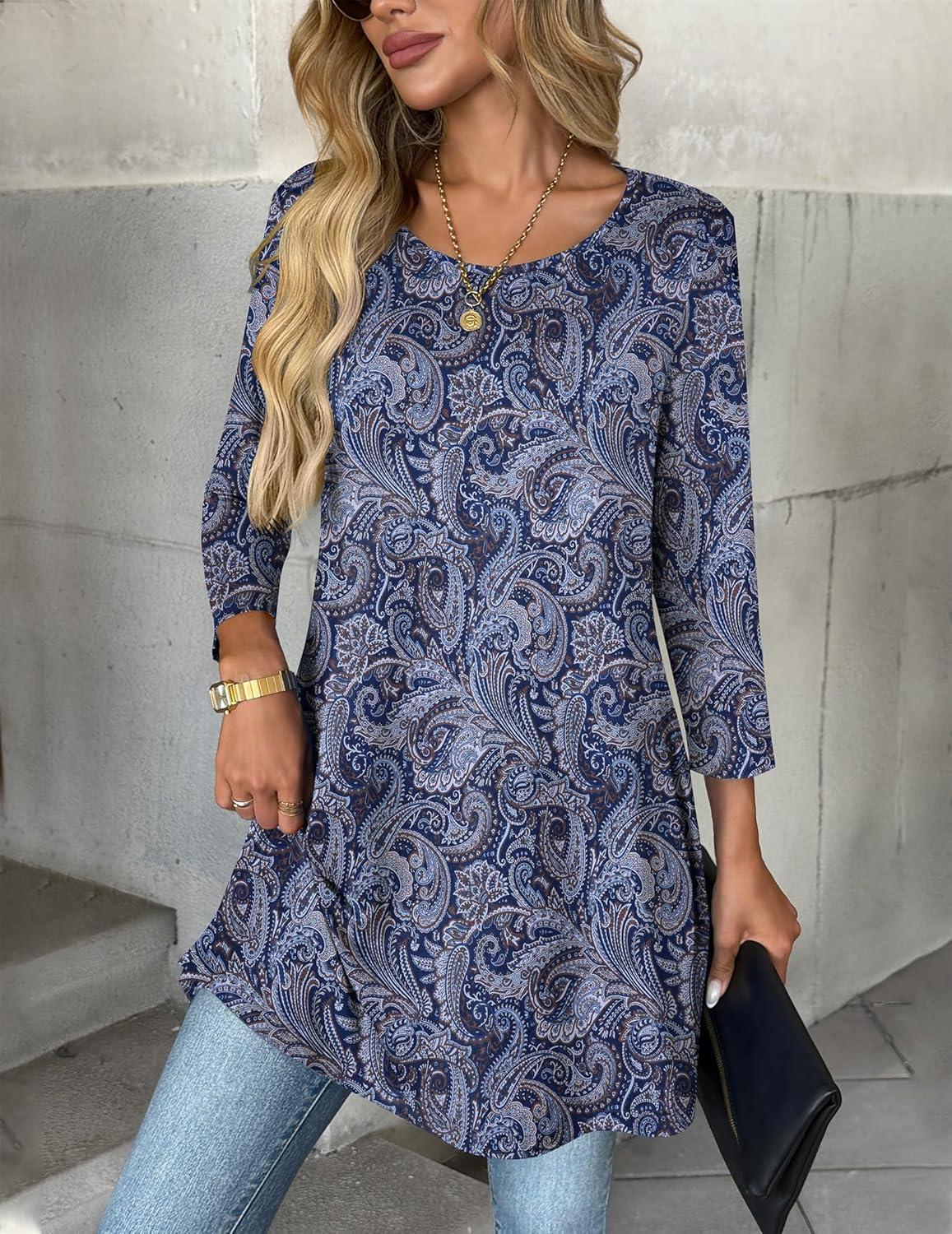 imageZeagoo Women Tops 34 Sleeve Dressy Casual Plus Size Tunics to Wear with Leggings Swing Flare TShirt Loose BlousesBohemiamz473