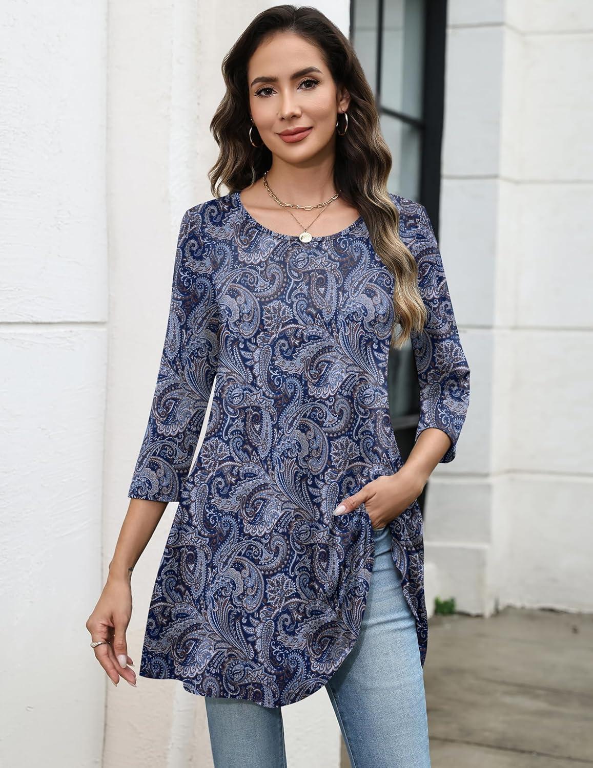 imageZeagoo Women Tops 34 Sleeve Dressy Casual Plus Size Tunics to Wear with Leggings Swing Flare TShirt Loose BlousesBohemiamz473