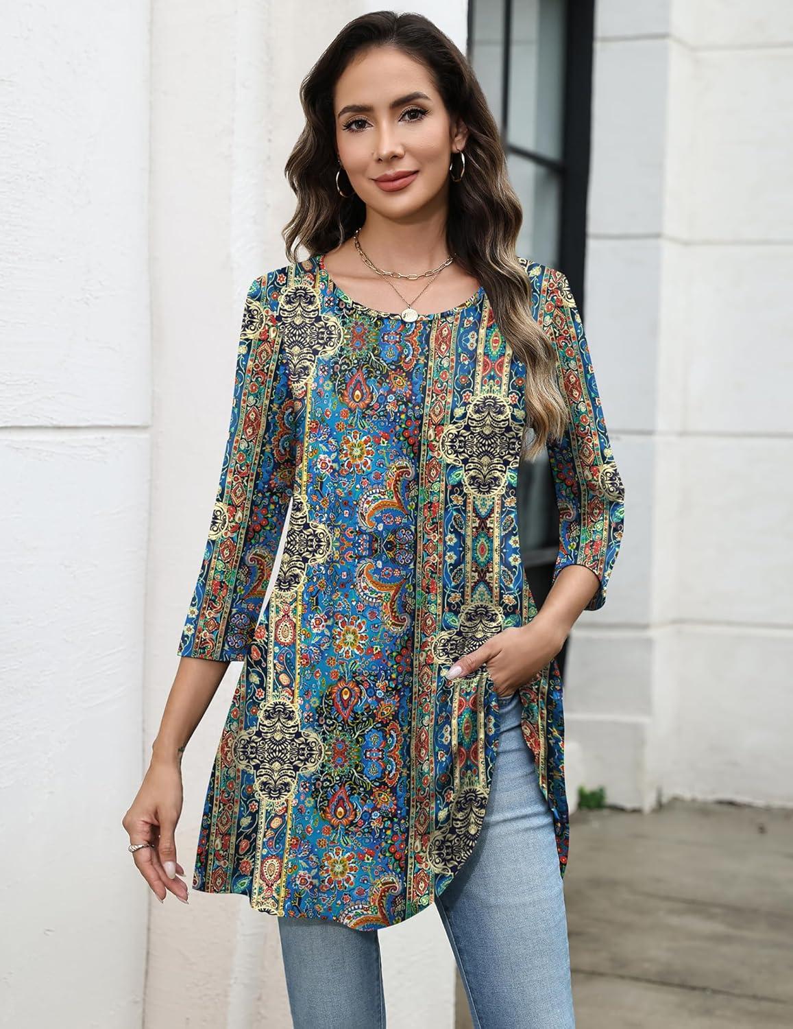 imageZeagoo Women Tops 34 Sleeve Dressy Casual Plus Size Tunics to Wear with Leggings Swing Flare TShirt Loose BlousesBohemiamz779