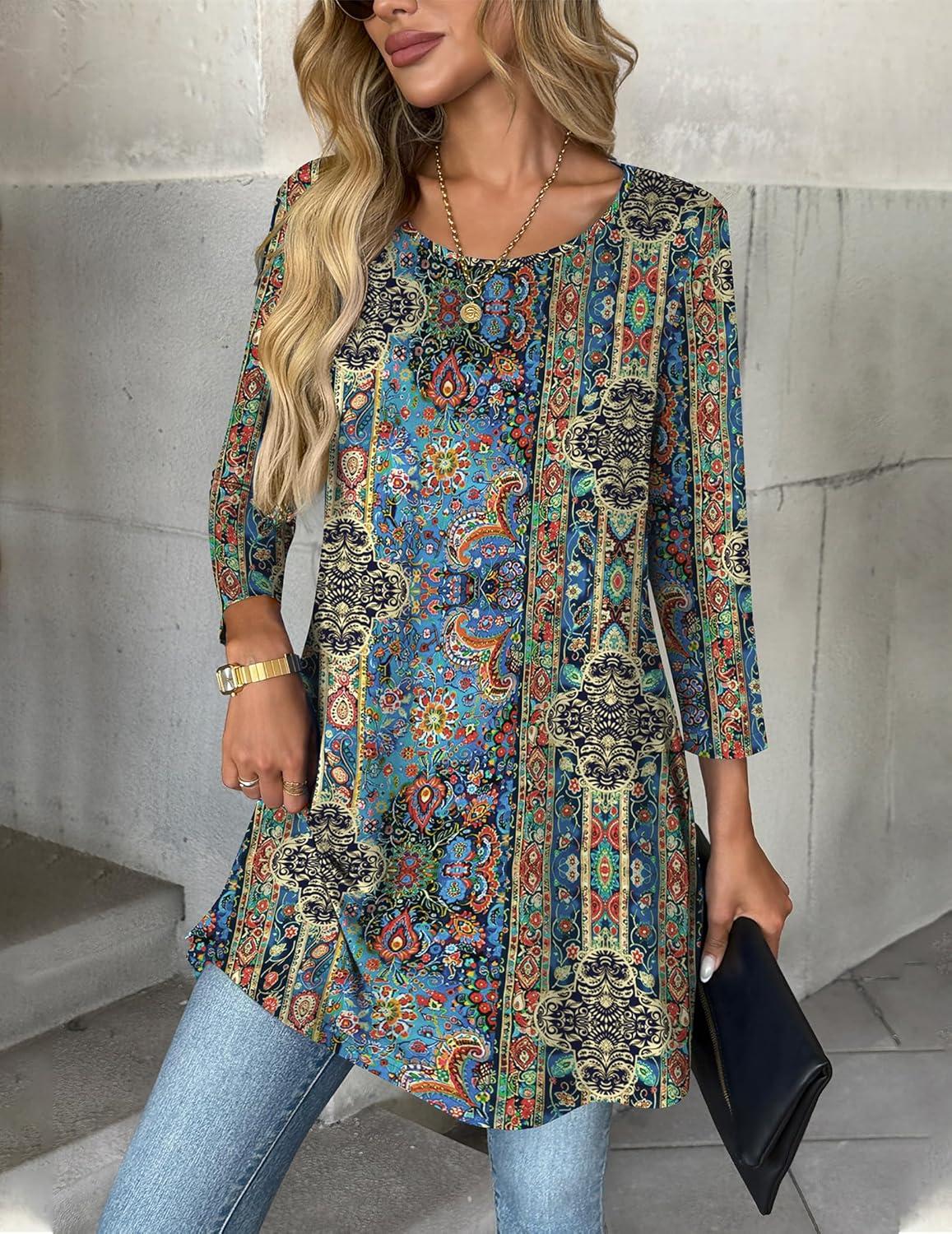 imageZeagoo Women Tops 34 Sleeve Dressy Casual Plus Size Tunics to Wear with Leggings Swing Flare TShirt Loose BlousesBohemiamz779